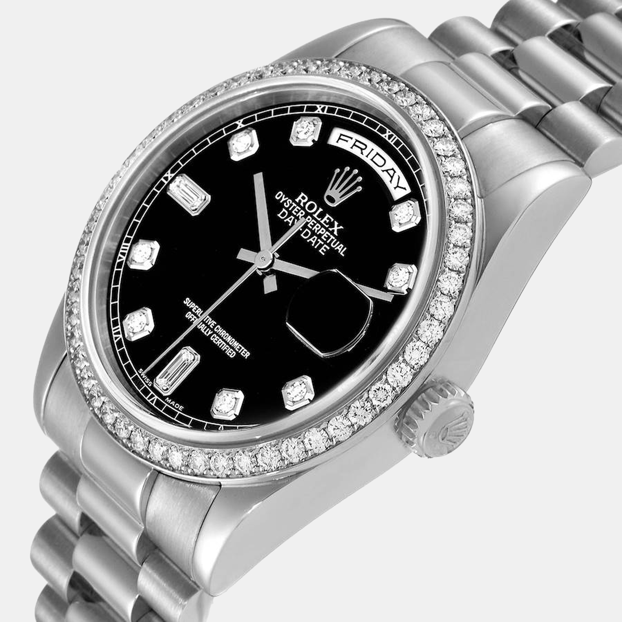 

Rolex President Day-Date Platinum Black Diamond Dial Men's Watch 118346