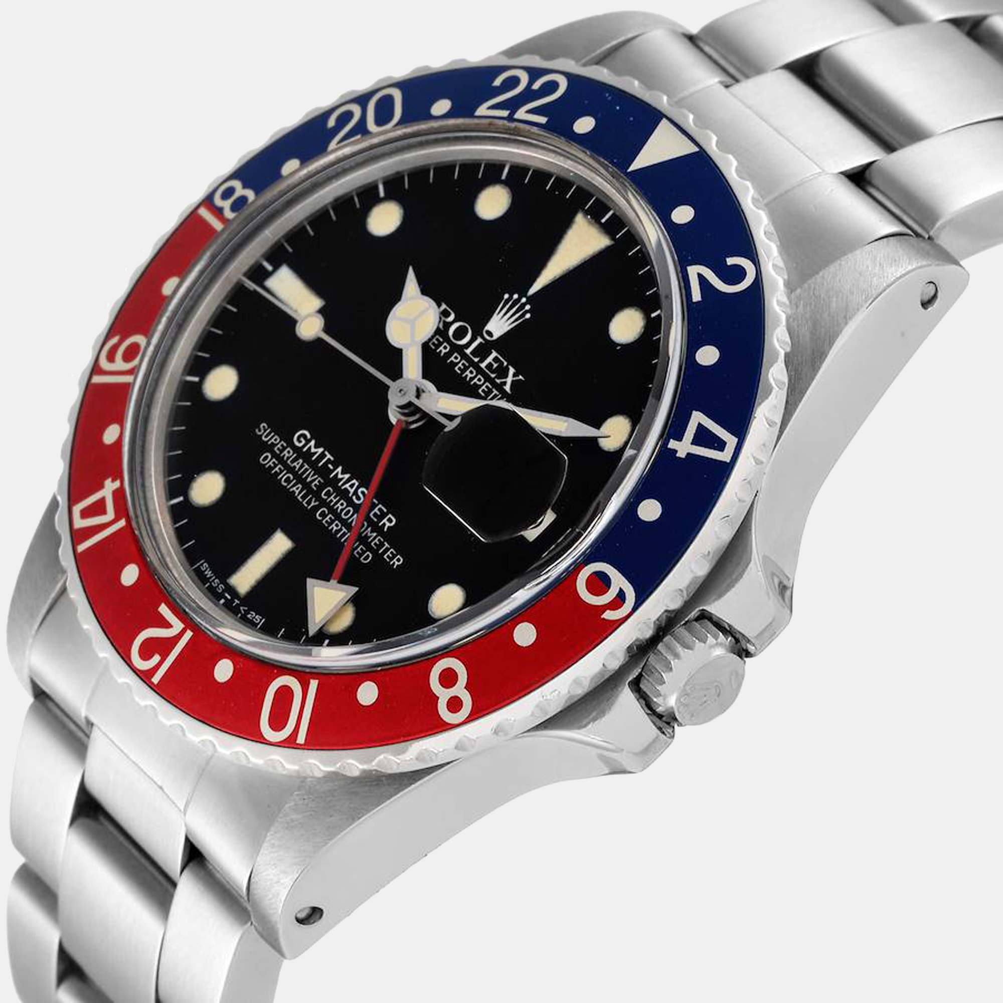 

Rolex GMT Master Pepsi Bezel Vintage Matte Dial Steel Men's Watch 16750, Black