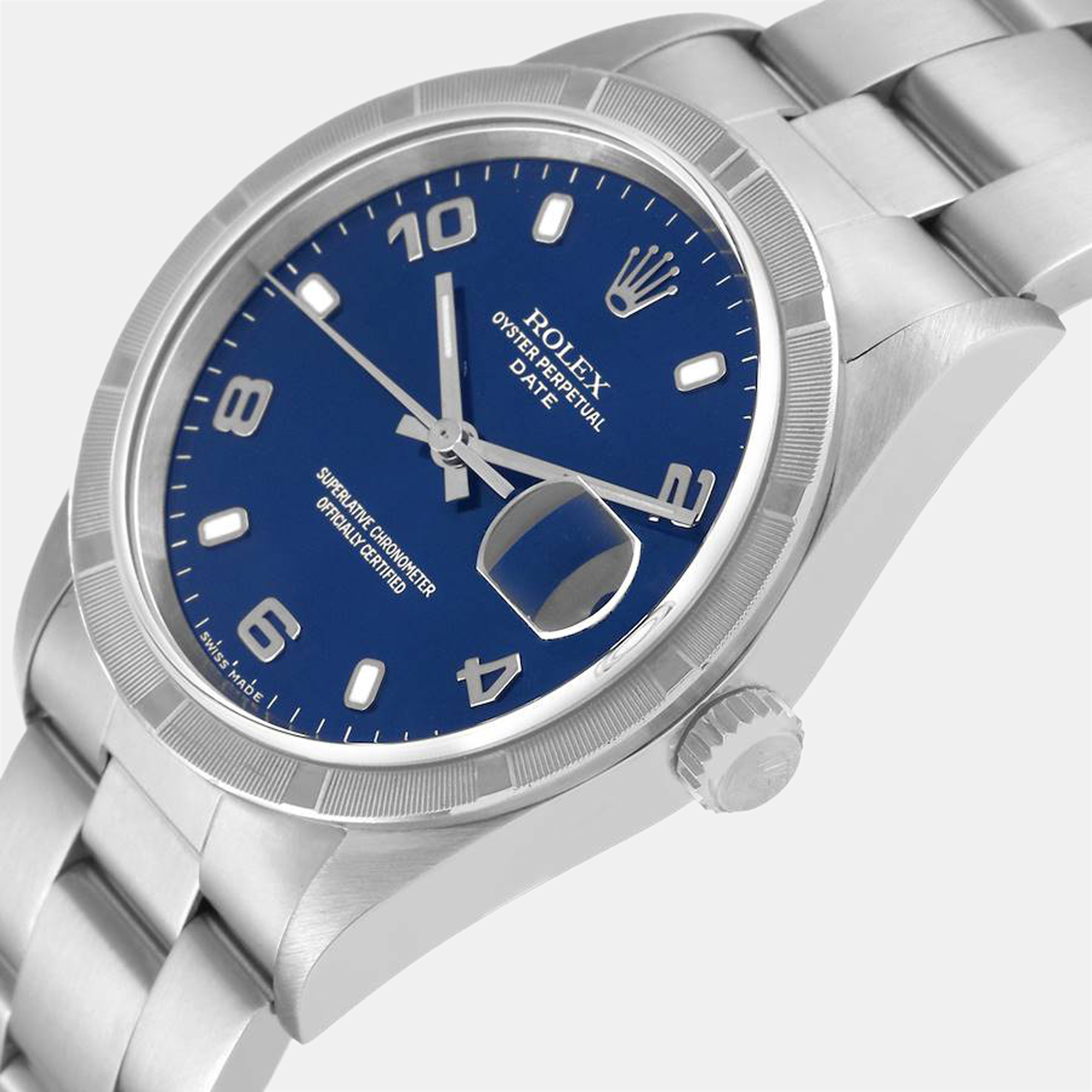 

Rolex Blue Stainless Steel Oyster Perpetual Date 15210 Men's Wristwatch 34 mm