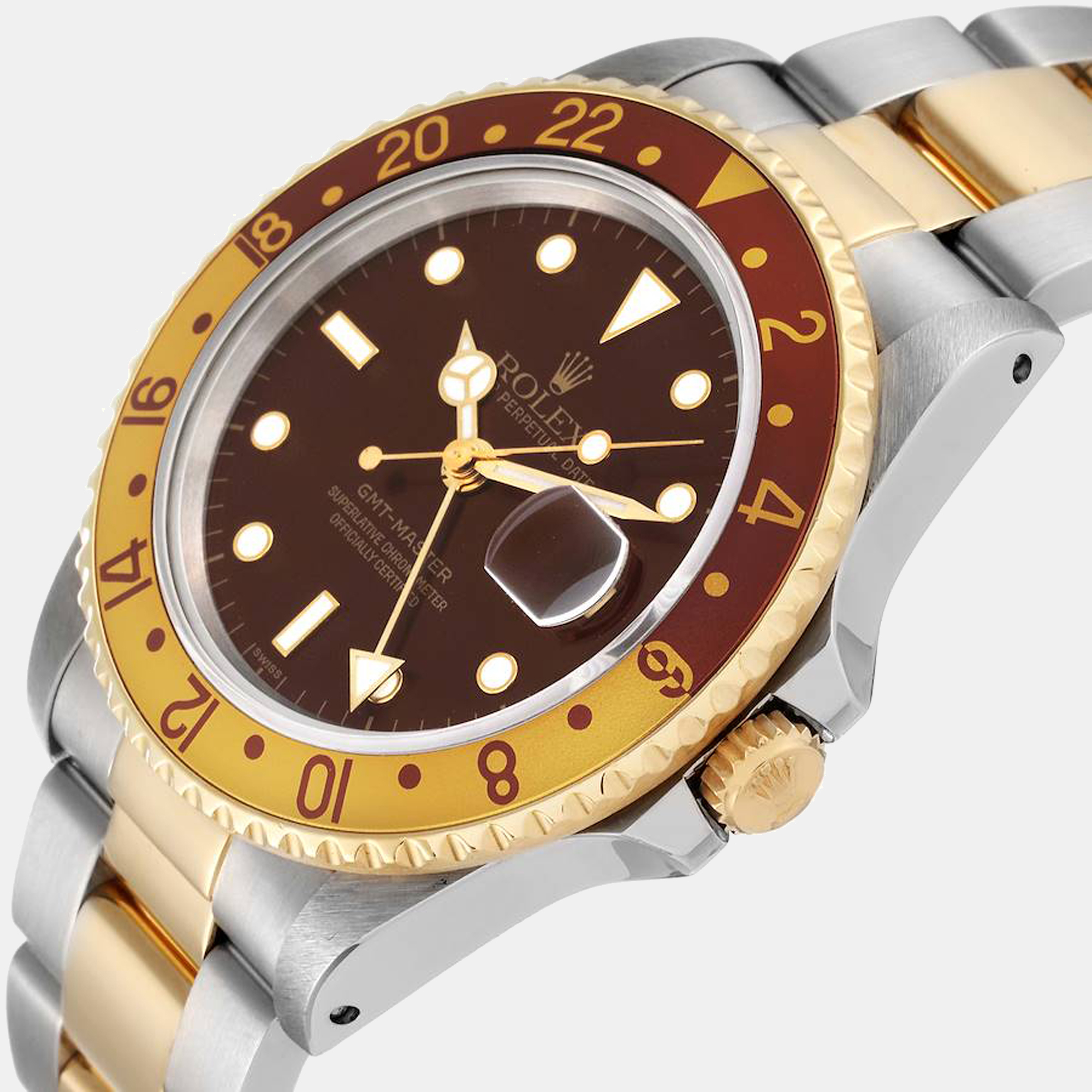 

Rolex GMT Master II Root Beer Steel Yellow Gold Men's Watch 16713, Brown