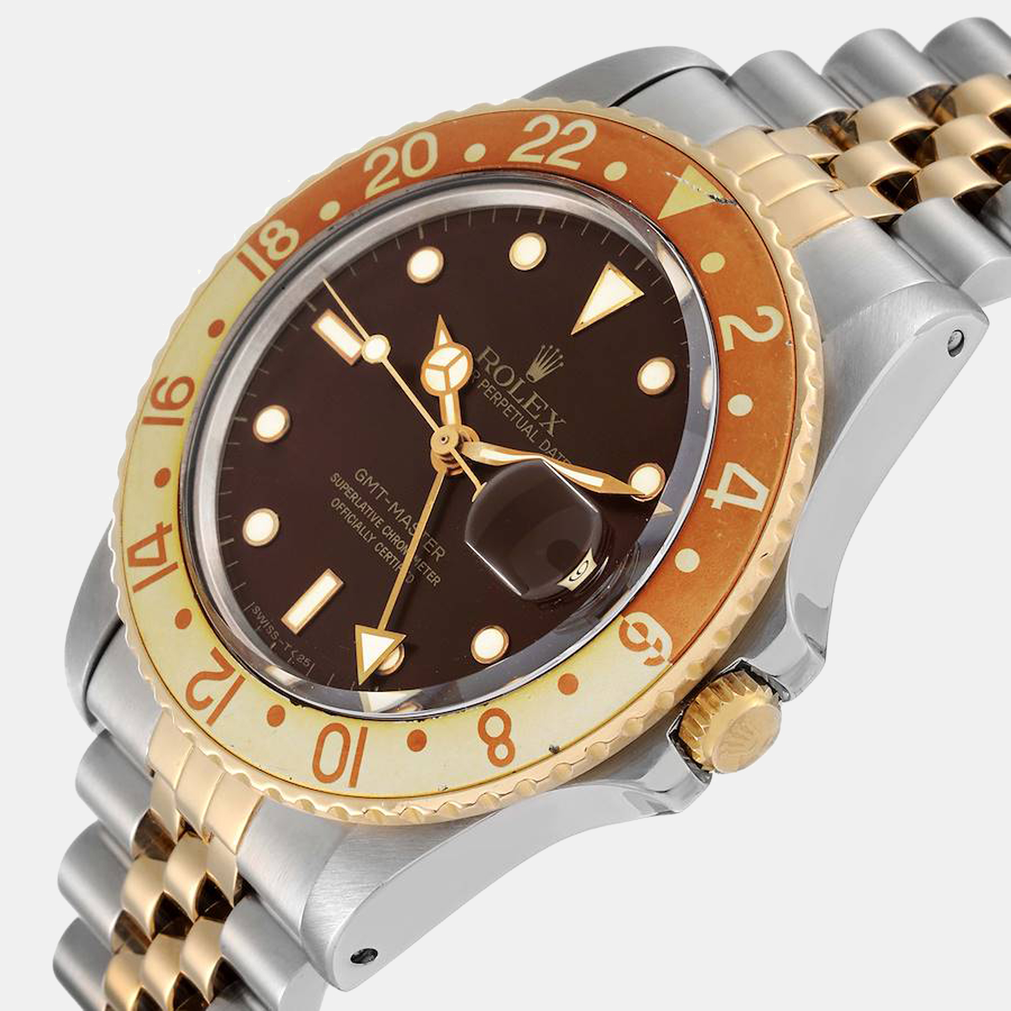 

Rolex GMT Master Rootbeer Yellow Gold Steel Vintage Men's Watch 16753, Brown