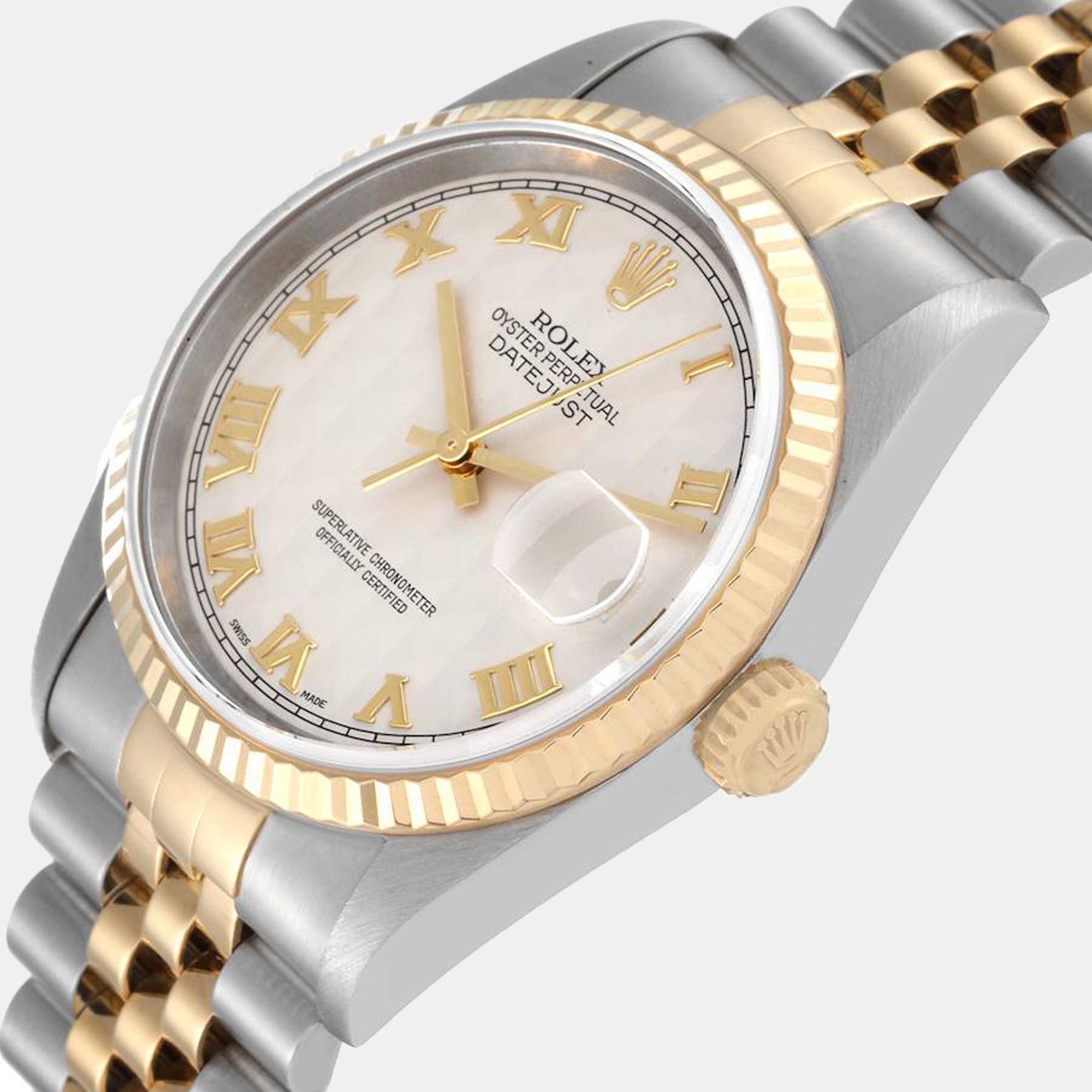 

Rolex Datejust Steel Yellow Gold Pyramid Dial Men's Watch 16233, Silver