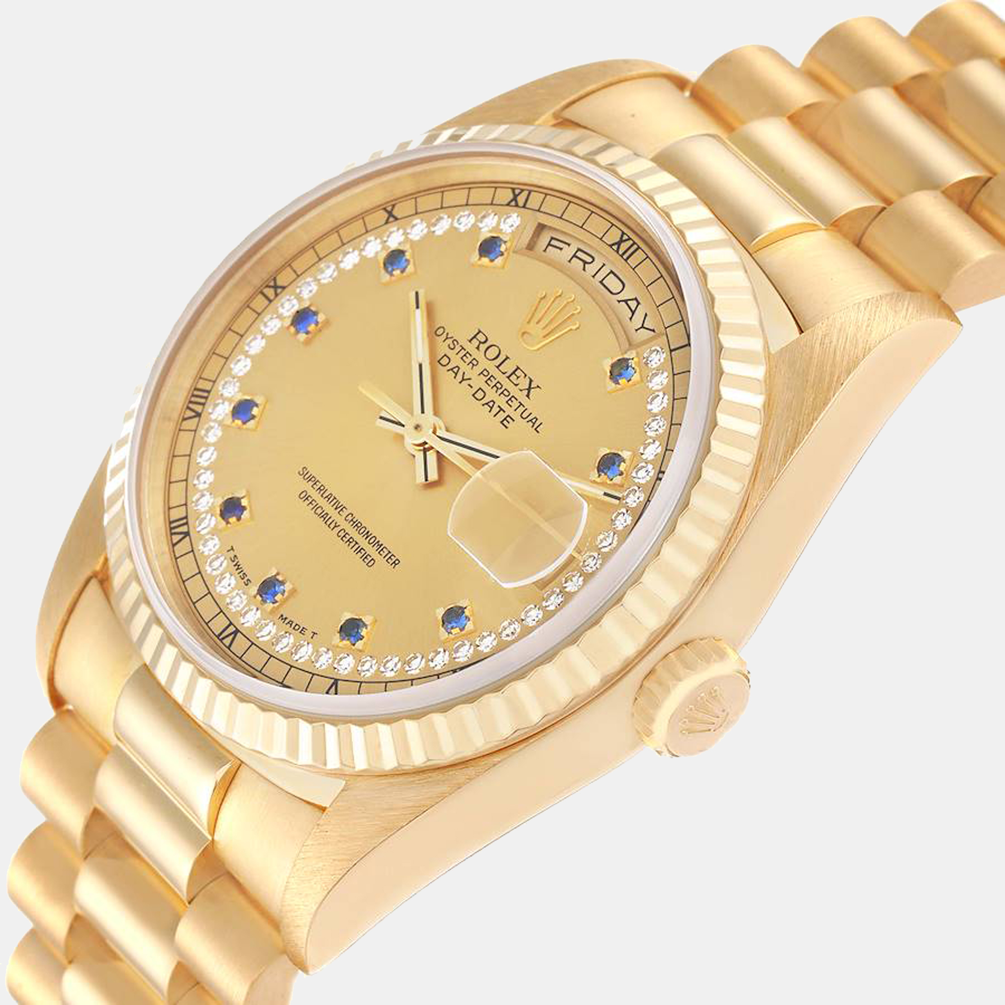 

Rolex Day-Date President Yellow Gold String Diamond Sapphire Men's Watch 18238