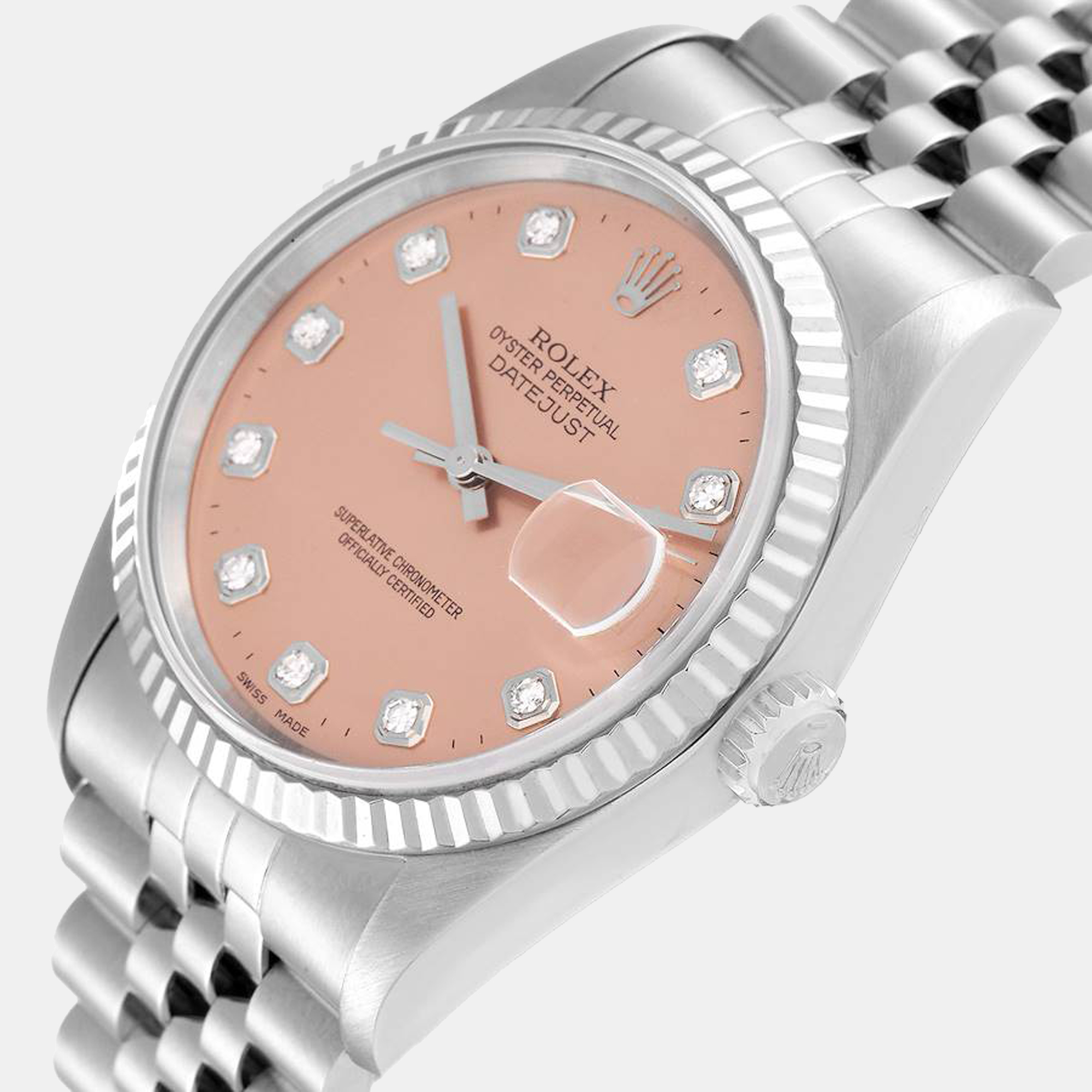 

Rolex Datejust Steel White Gold Salmon Diamond Dial Men's Watch 16234