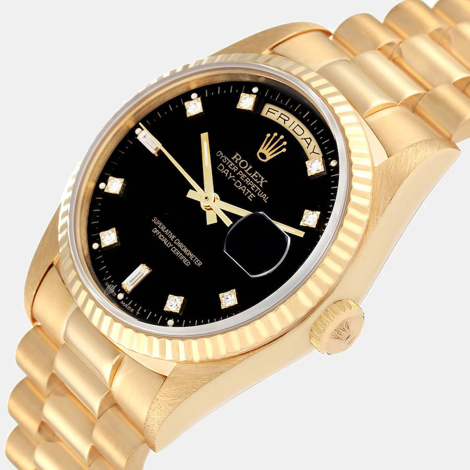 

Rolex President Day-Date Yellow Gold Black Diamond Dial Men's Watch 18238