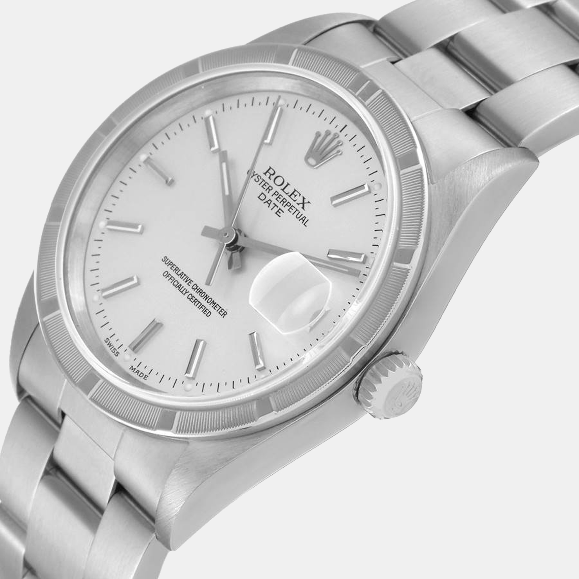

Rolex Date Silver Dial Engine Turned Bezel Steel Men's Watch 15210