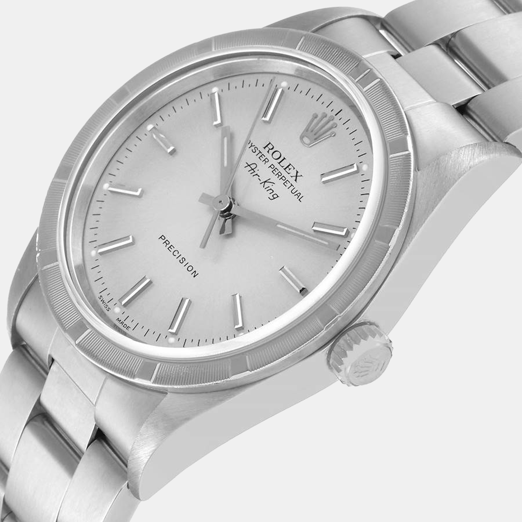 

Rolex Air King Silver Dial Engine Turned Bezel Steel Men's Watch 14010