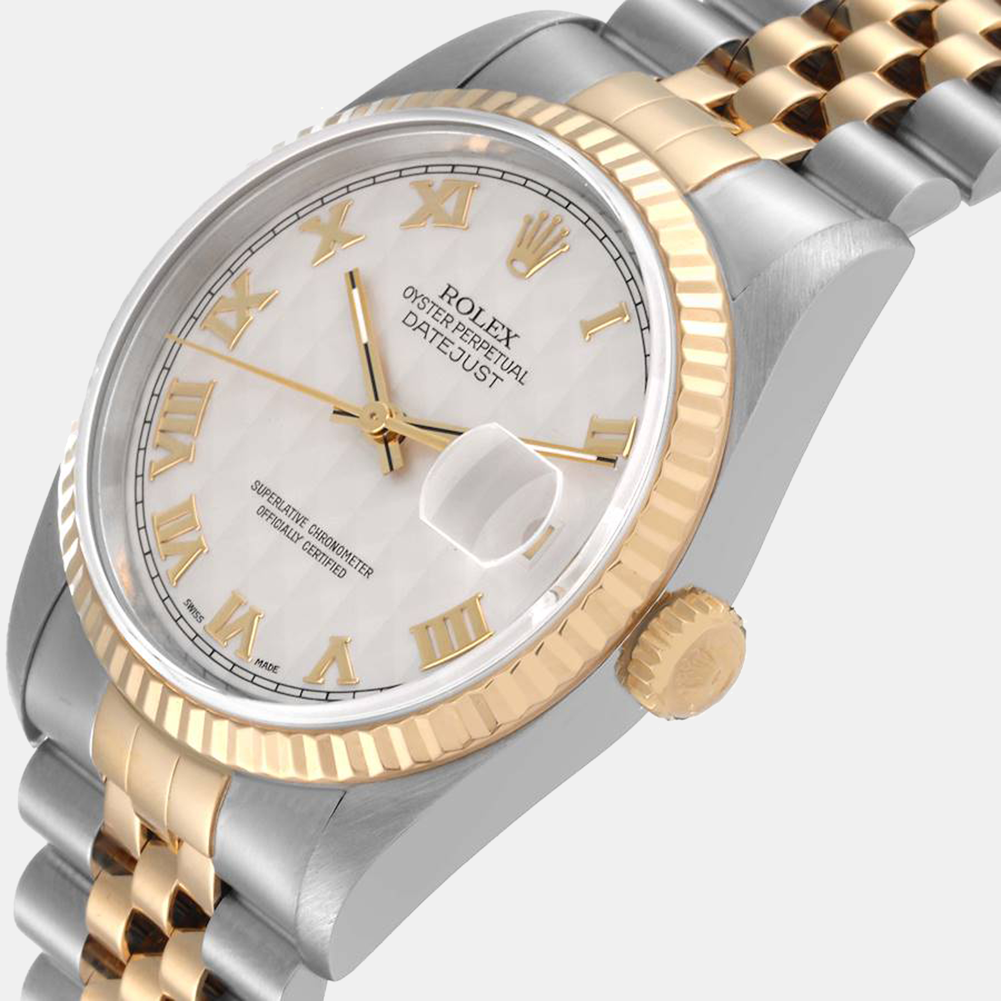 

Rolex Datejust Steel Yellow Gold Ivory Pyramid Dial Men's Watch 16233, Cream