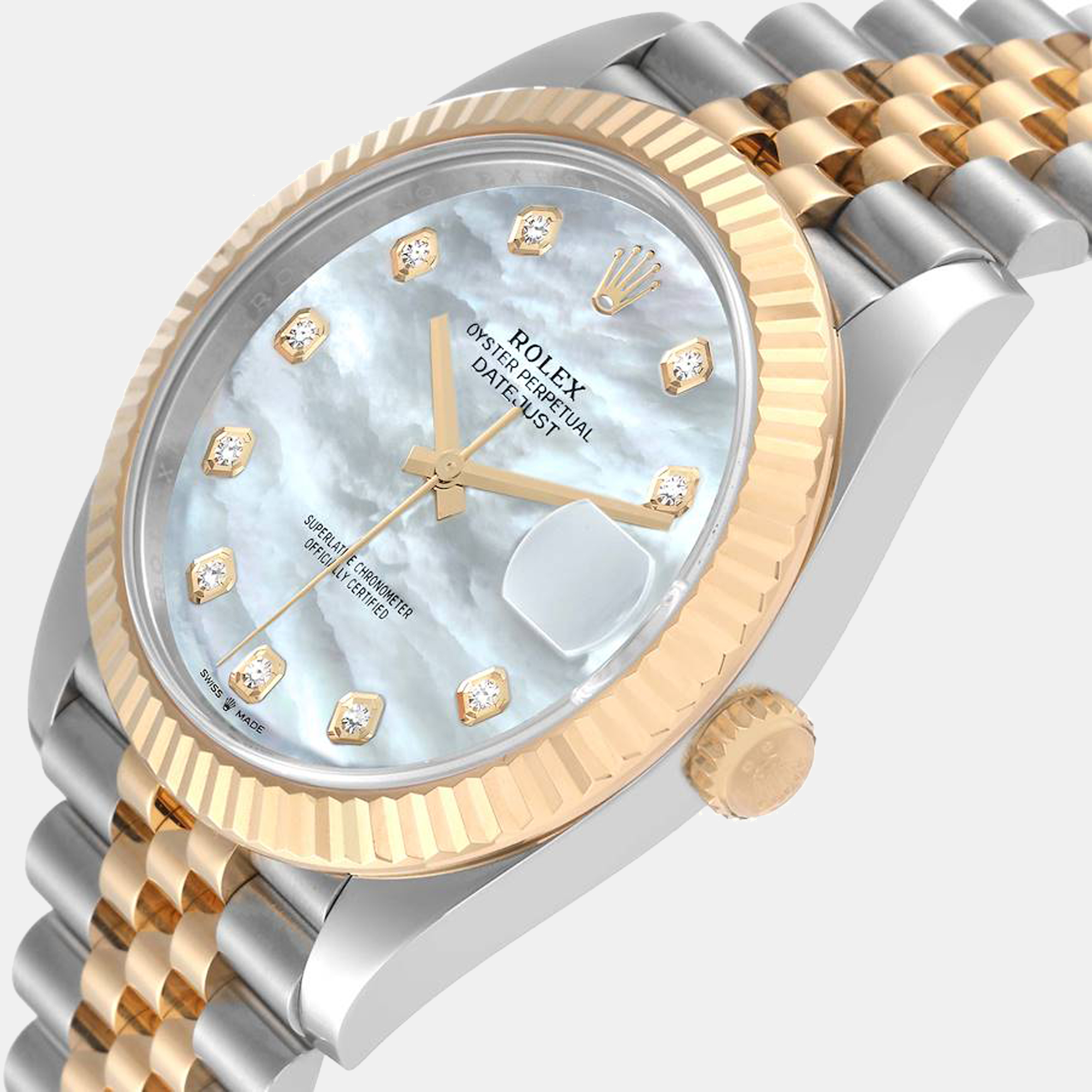 

Rolex Datejust 41 Steel Yellow Gold Mother Of Pearl Diamond Dial Watch 126333, White
