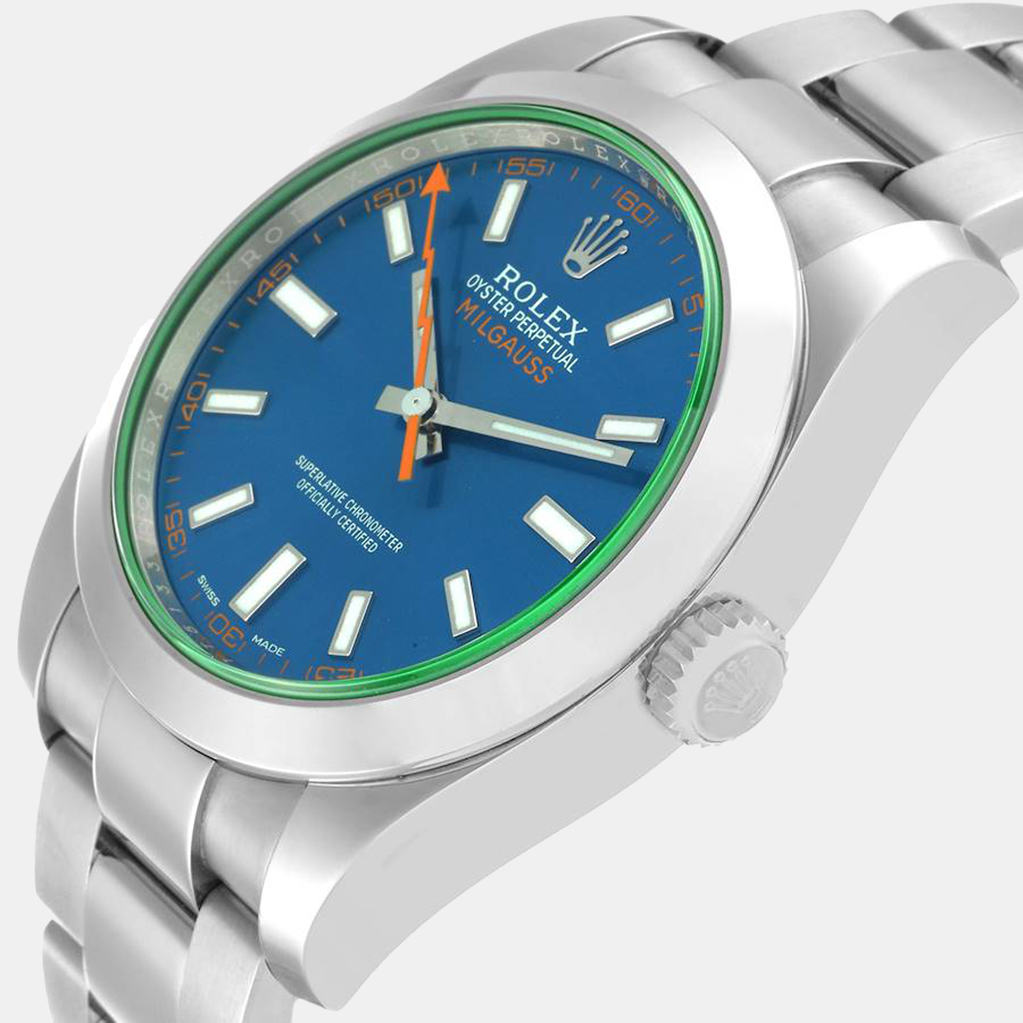 

Rolex Milgauss Blue Dial Green Crystal Steel Men's Watch 116400GV