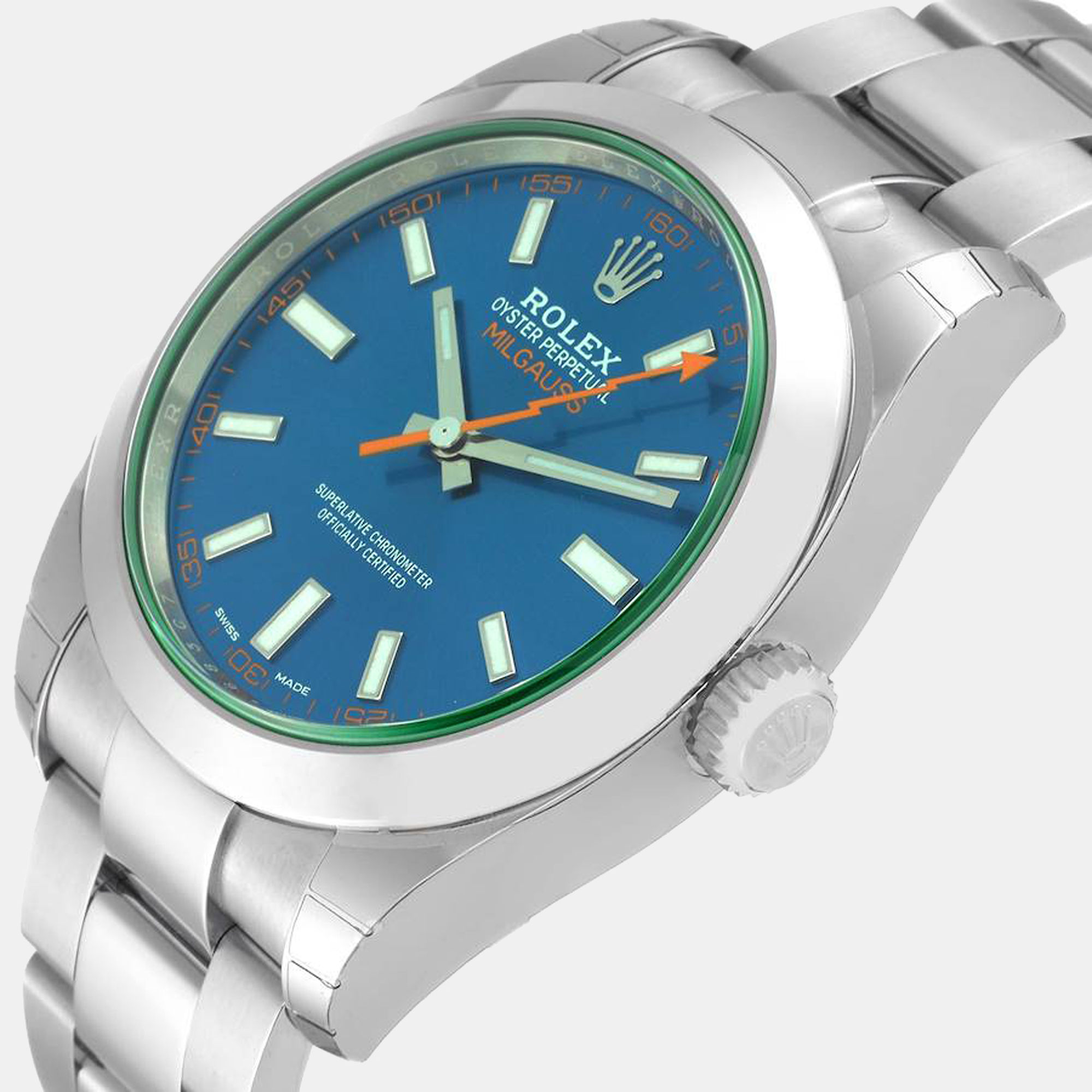 

Rolex Milgauss Blue Dial Green Crystal Steel Men's Watch 116400GV