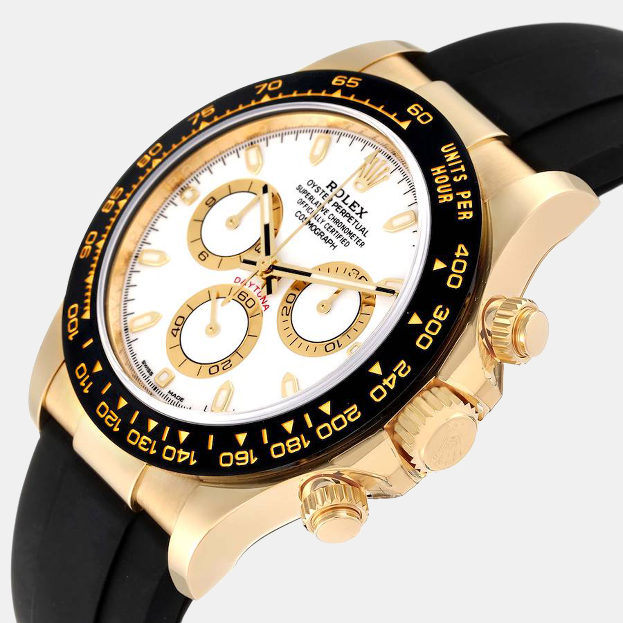 

Rolex Daytona Yellow Gold Ceramic Bezel Rubber Strap Watch 116518, White