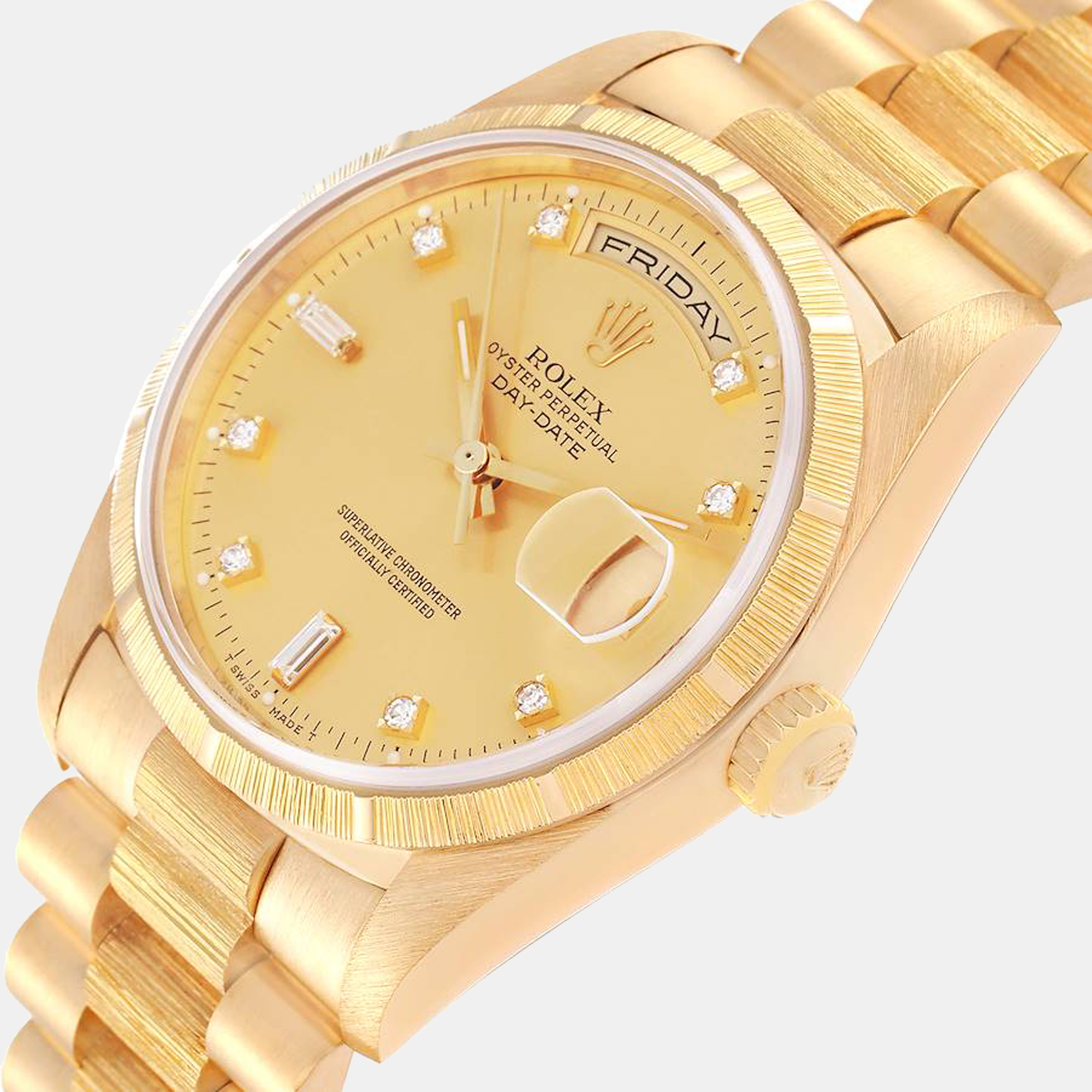 

Rolex President Day-Date Yellow Gold Bark Diamond Dial Men's Watch 18248