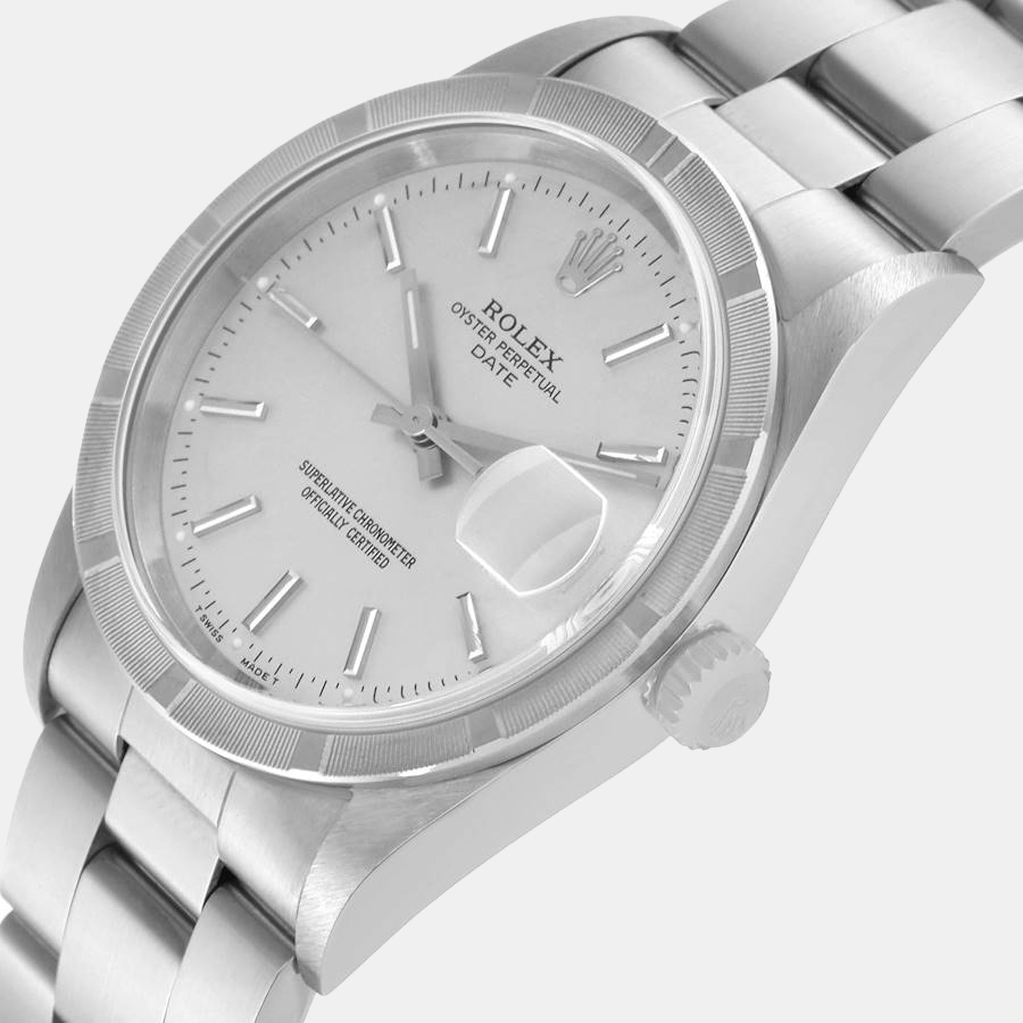 

Rolex Date Silver Dial Engine Turned Bezel Steel Men's Watch 15210
