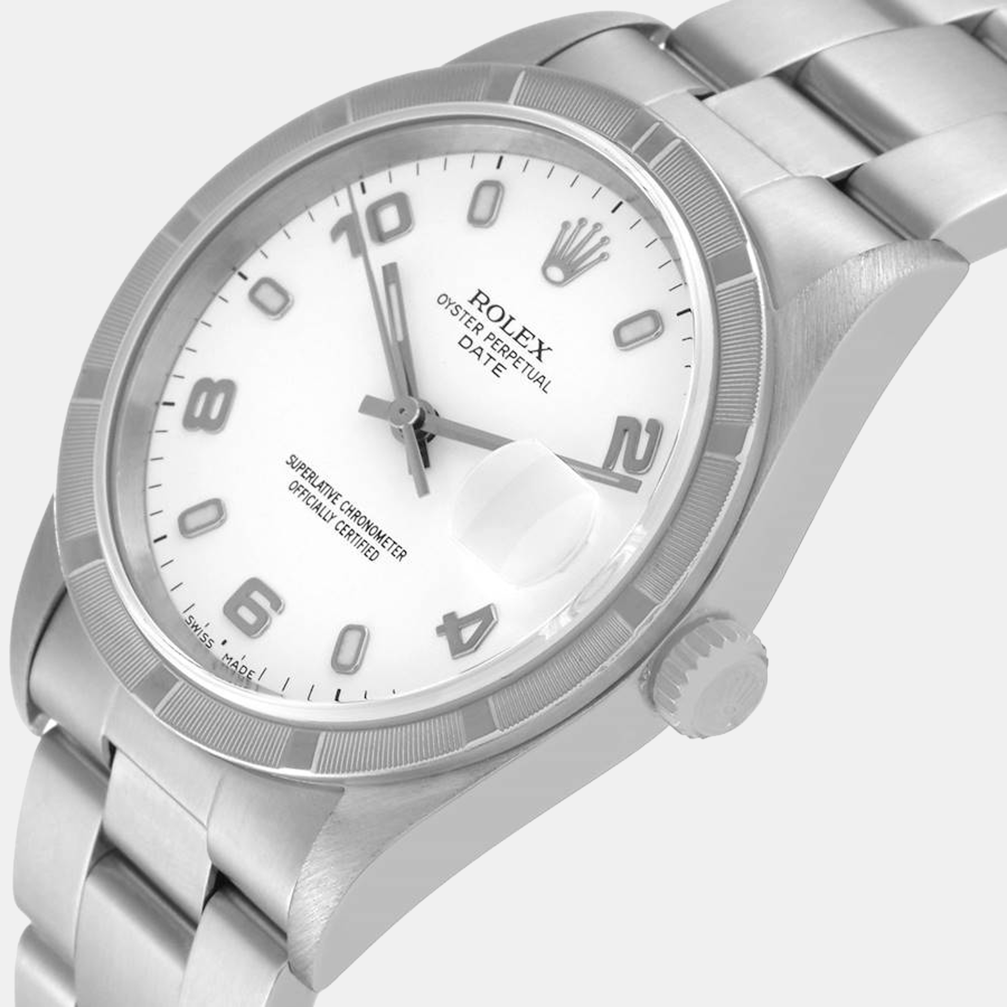 

Rolex Date White Dial Engine Turned Bezel Steel Men's Watch 15210