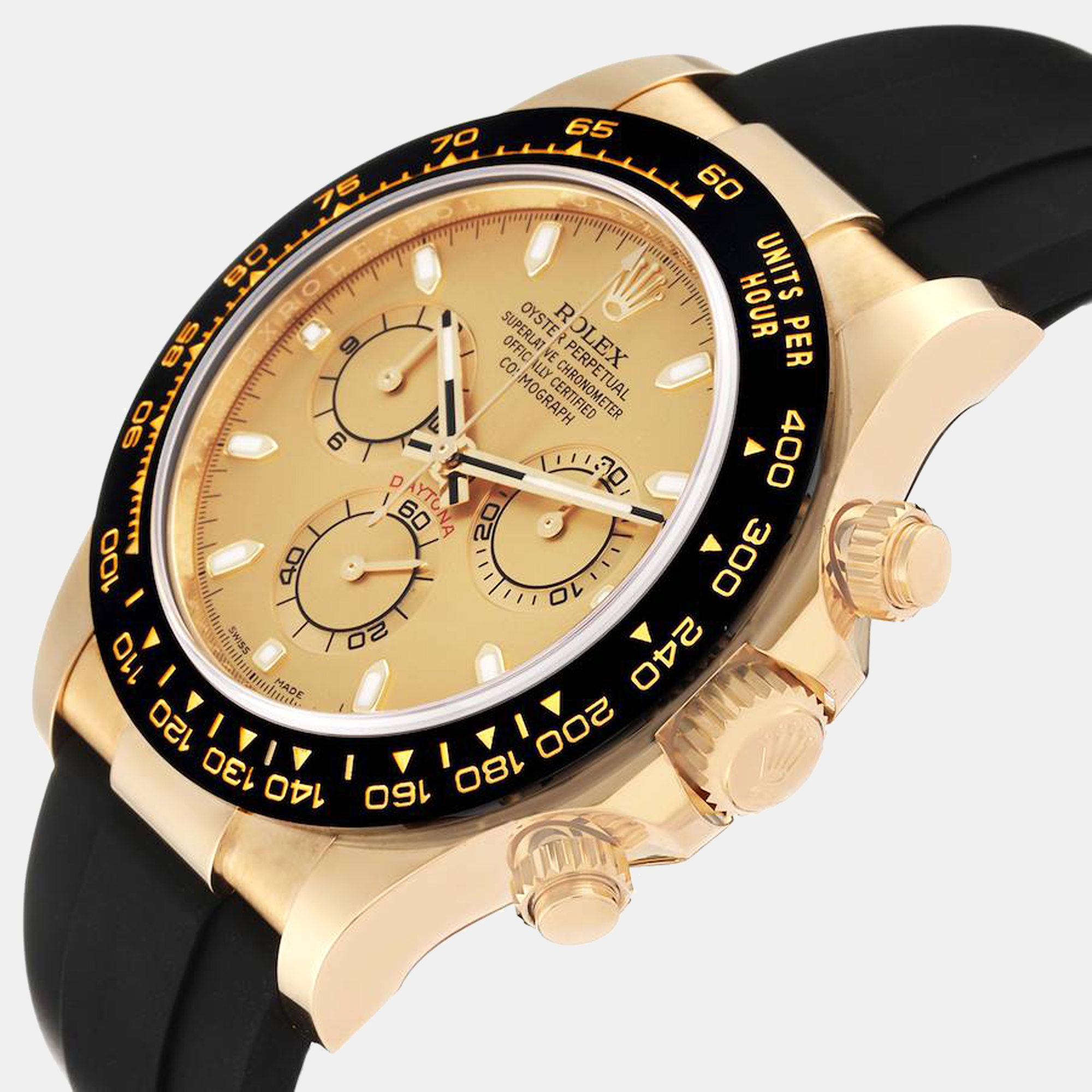 

Rolex Daytona Yellow Gold Champagne Dial Ceramic Bezel Mens Watch 116518