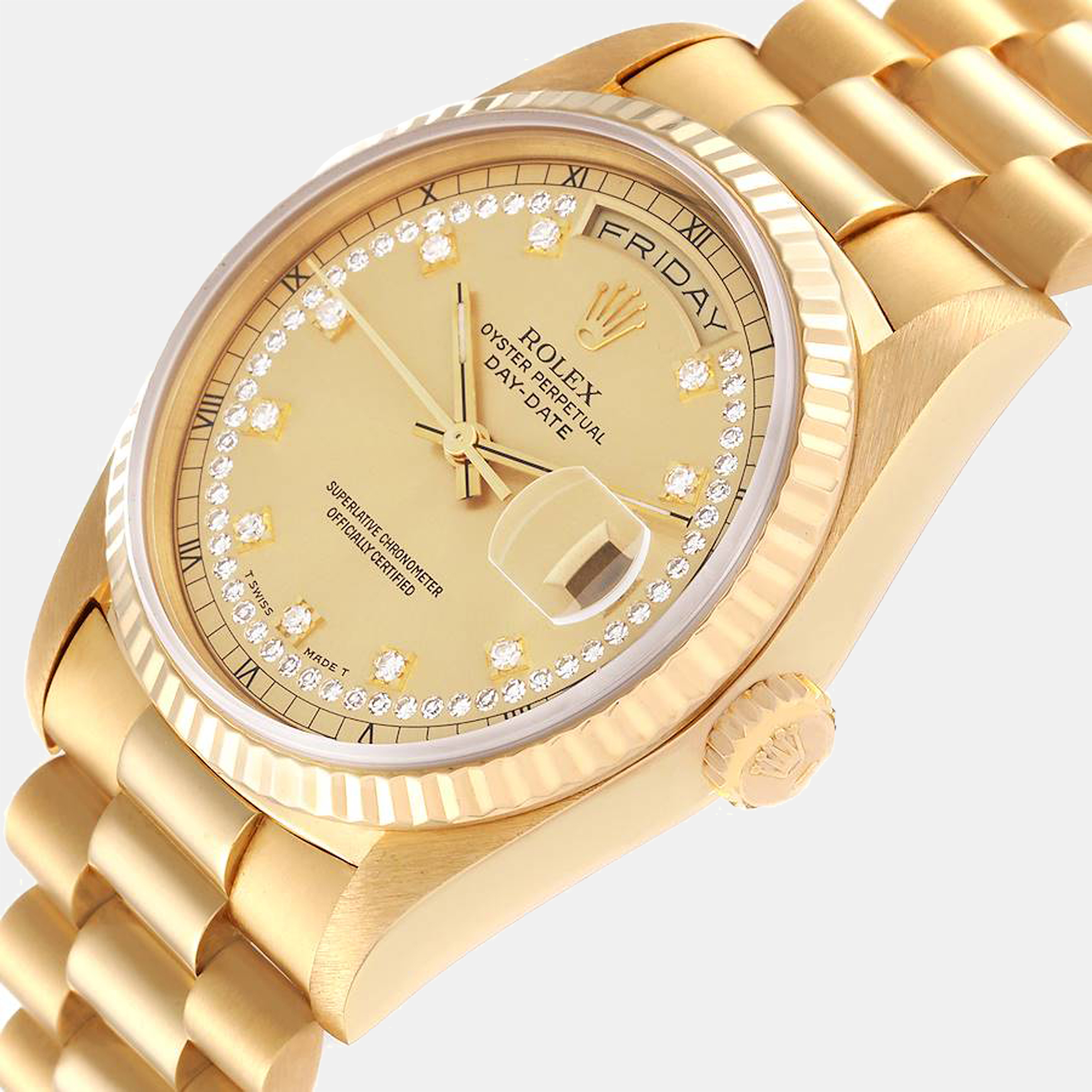 

Rolex Day-Date President Yellow Gold String Diamond Mens Watch 18238