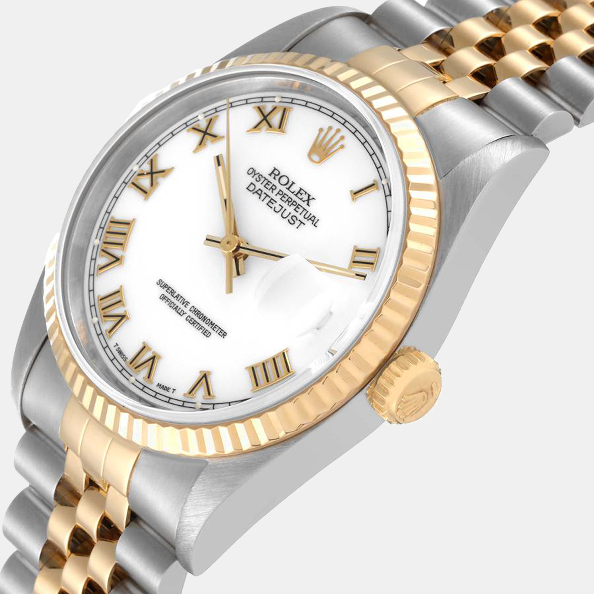 

Rolex Datejust Steel Yellow Gold White Roman Dial Mens Watch 16233