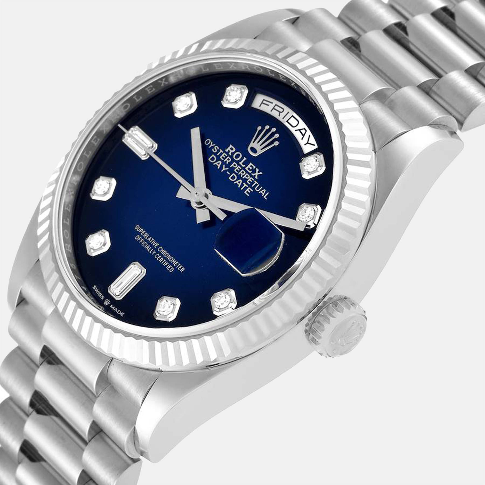 

Rolex President Day-Date White Gold Diamond Dial Mens Watch 128239, Blue