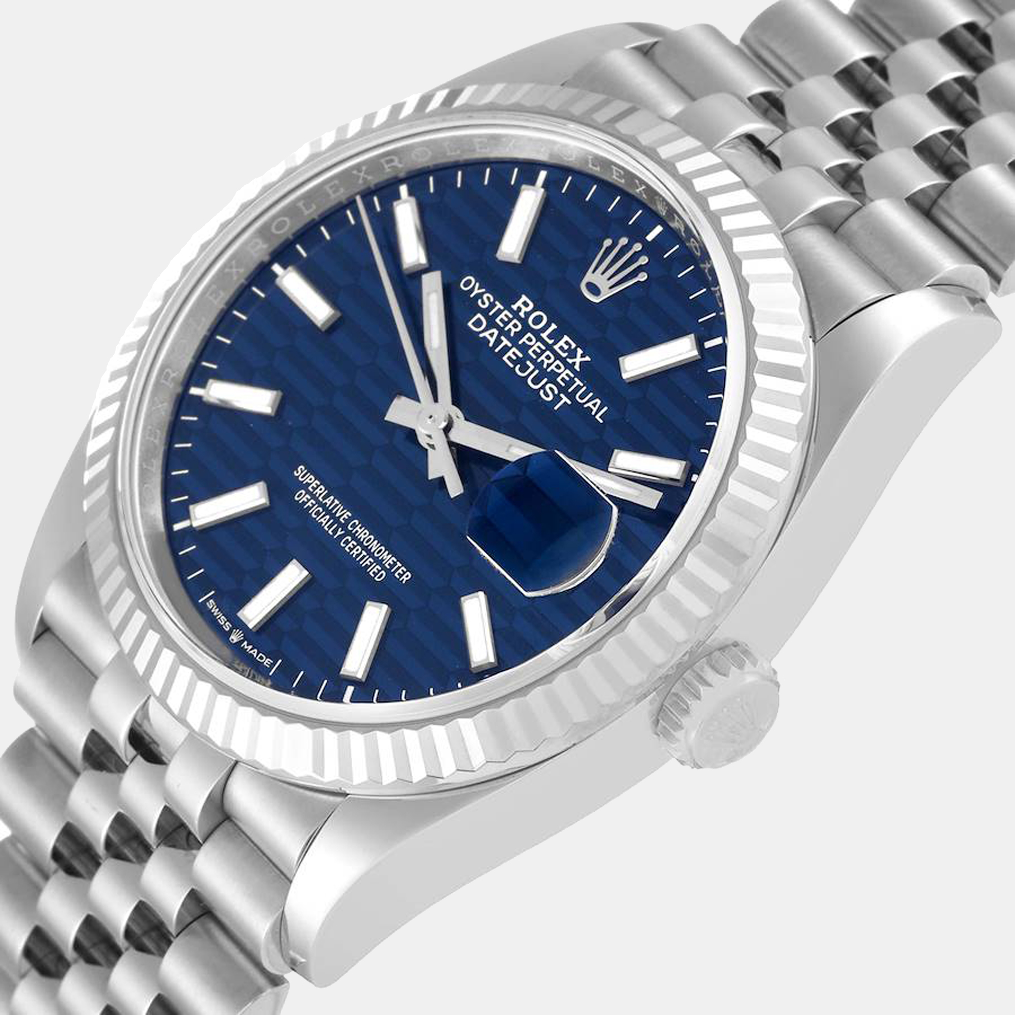 

Rolex Datejust Steel White Gold Blue Fluted Dial Mens Watch 126234