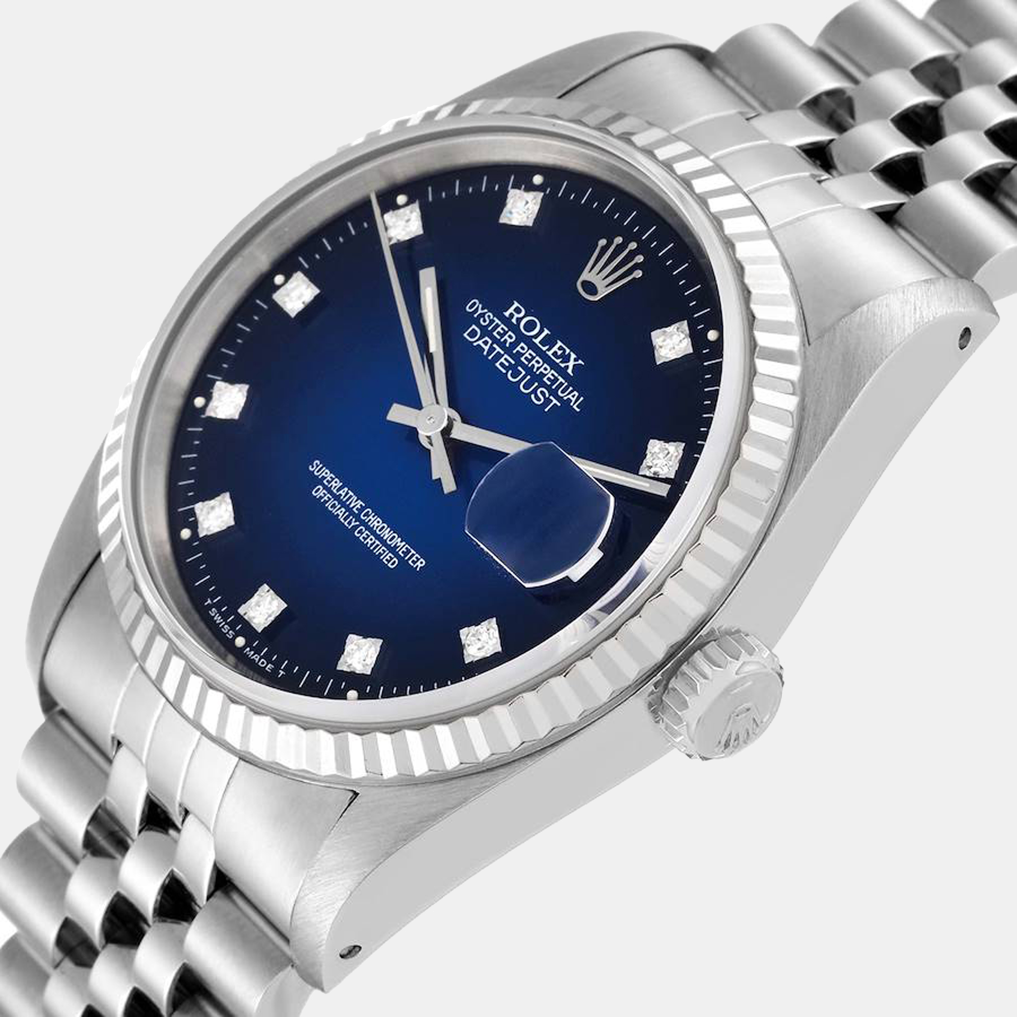 

Rolex Datejust Steel White Gold Blue Vignette Diamond Dial Mens Watch 16234