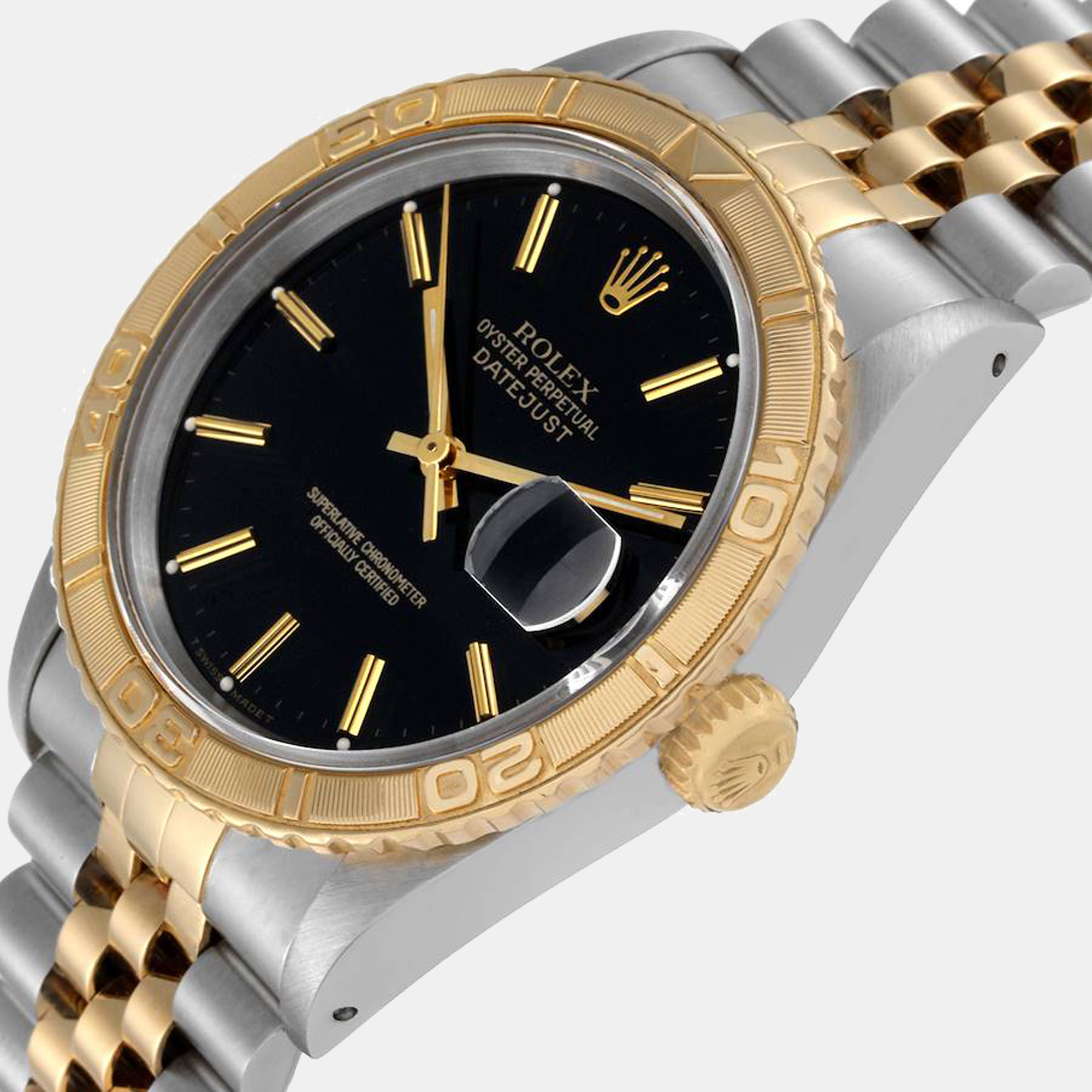 

Rolex Datejust Turnograph Black Dial Yellow Gold Steel Mens Watch 16263