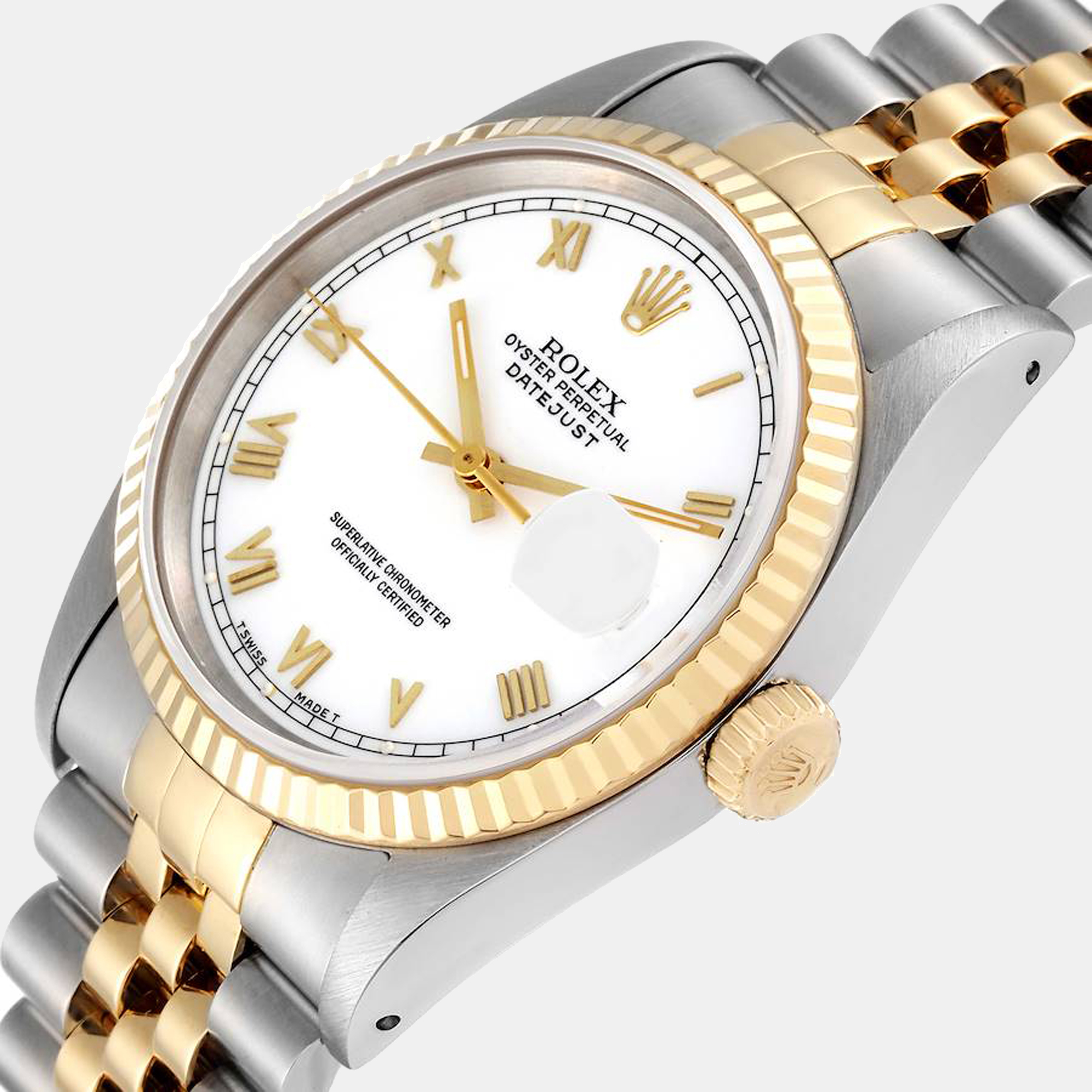 

Rolex Datejust Steel Yellow Gold White Roman Dial Mens Watch 16233