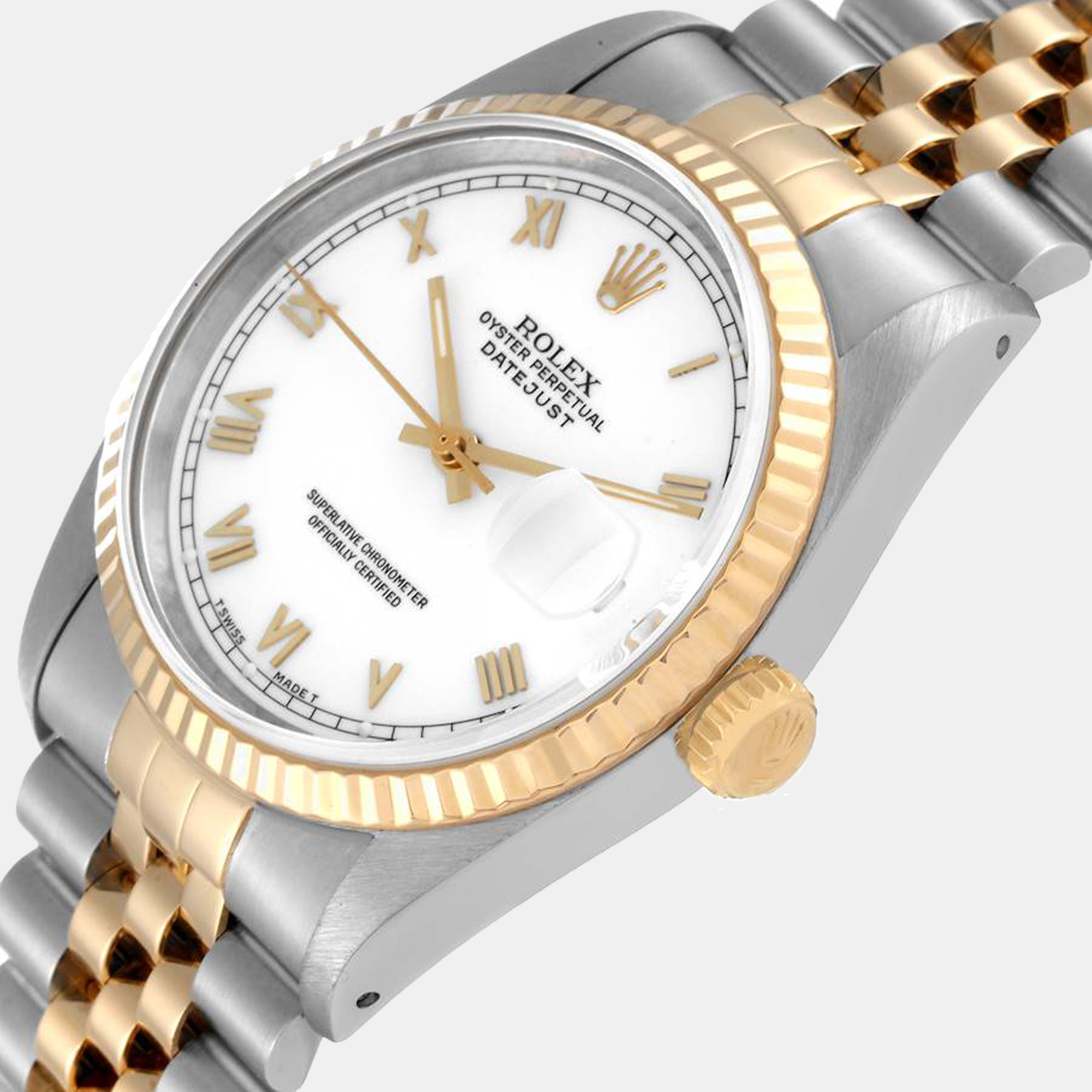 

Rolex Datejust Steel Yellow Gold White Roman Dial Mens Watch 16233