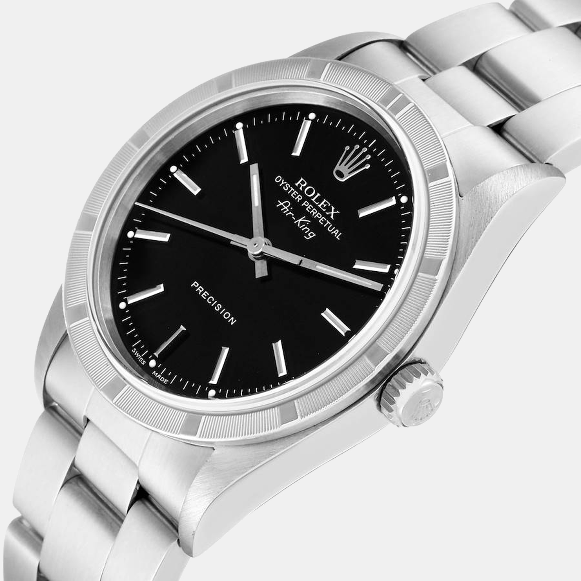 

Rolex Air King Black Dial Steel Engine Turned Bezel Mens Watch 14010