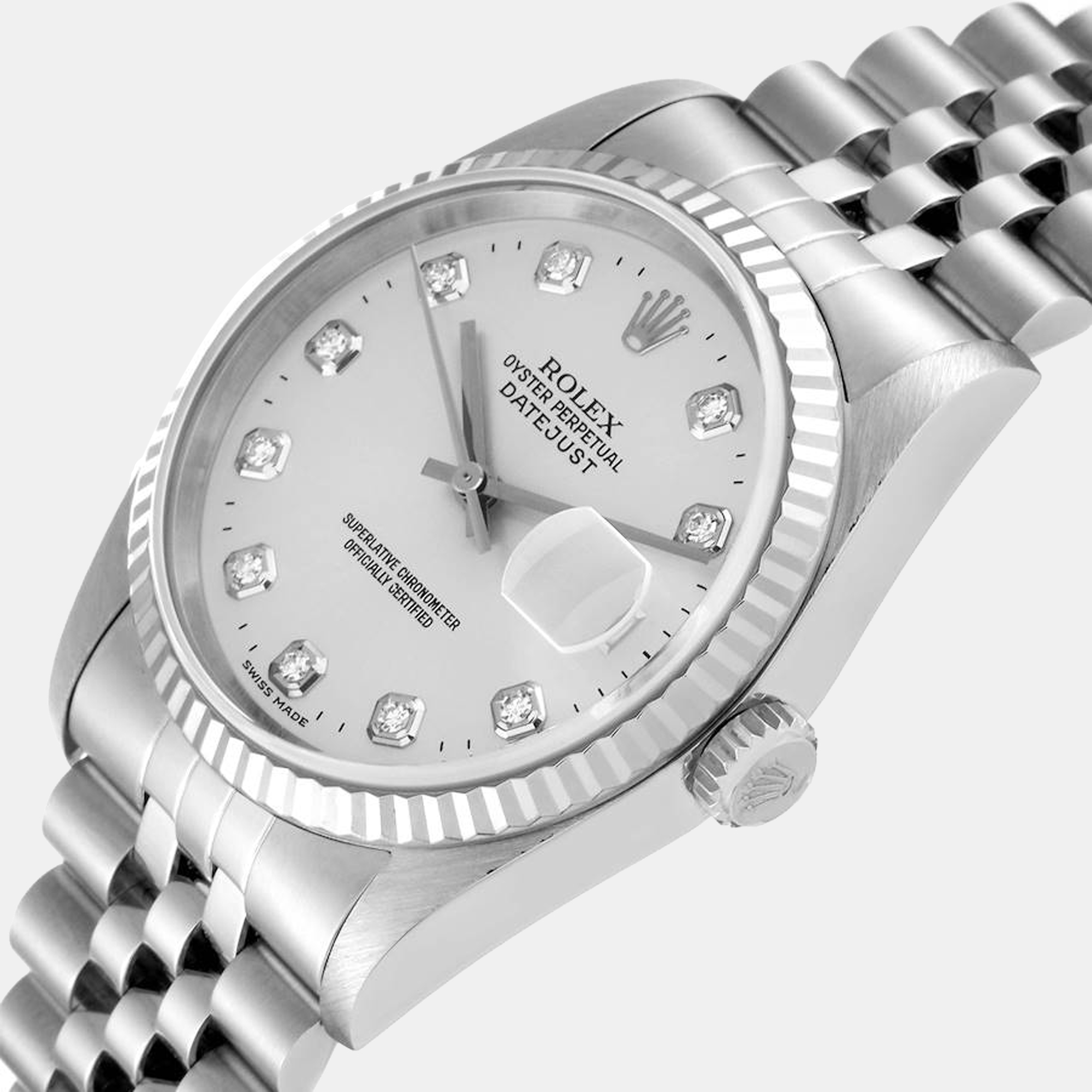 

Rolex Datejust Steel White Gold Diamond Dial Mens Watch 16234, Silver