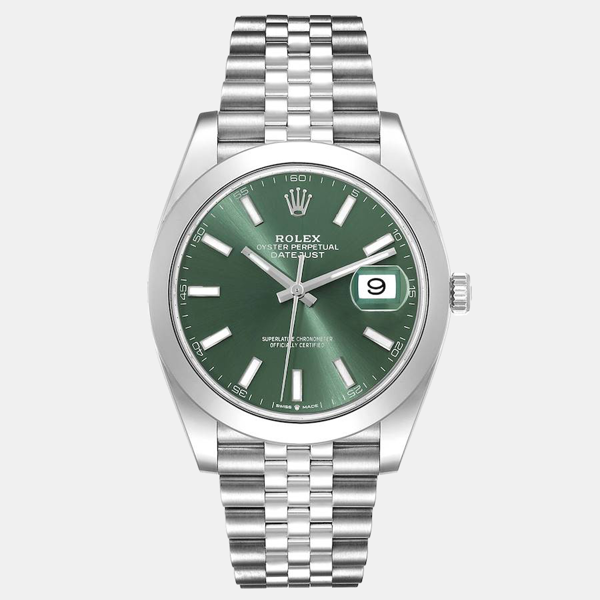 Click to view more detailed imagery on our partner's website Pre-owned Rolex Datejust 41 Mint Green Dial Steel Mens Watch 126300