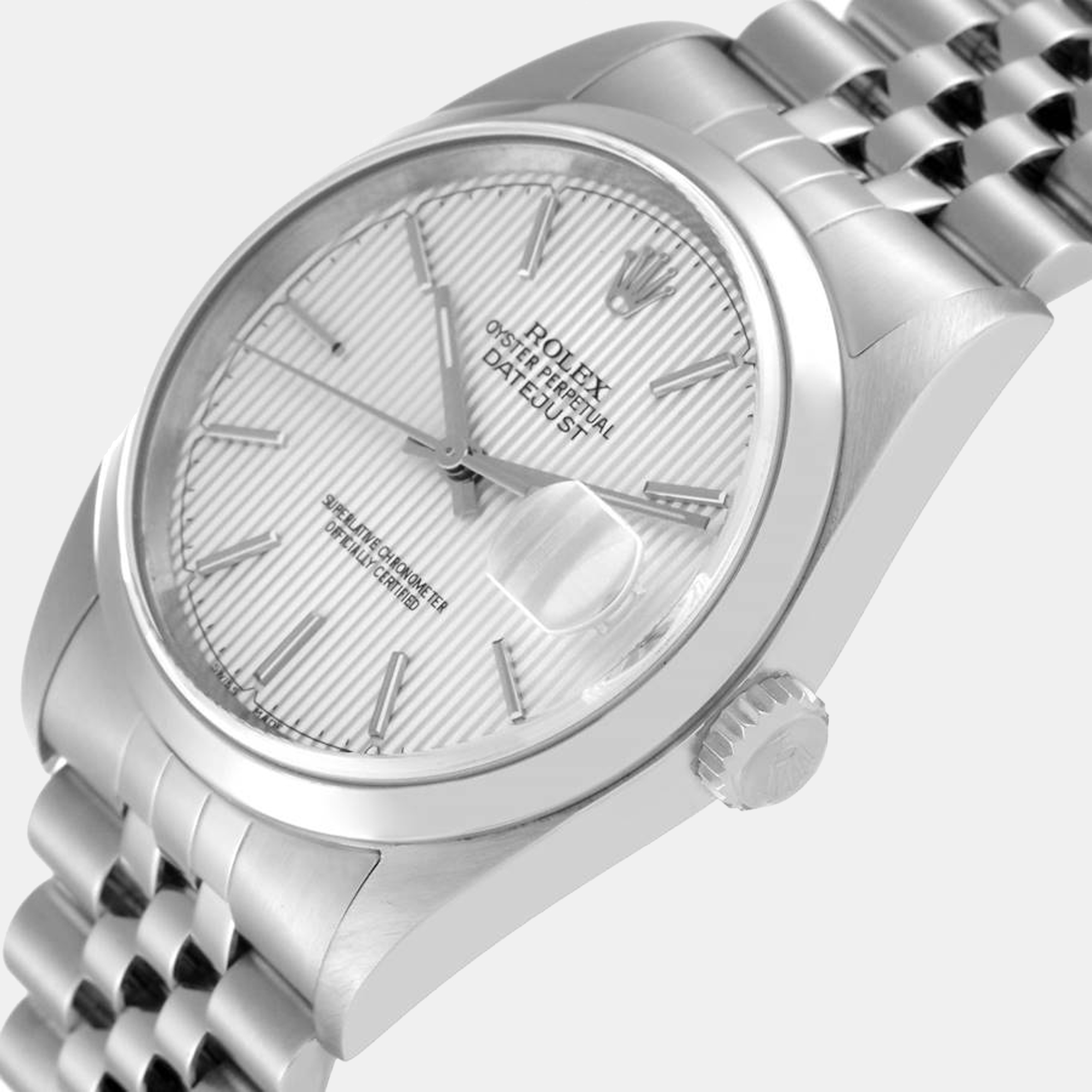 

Rolex Datejust 36 Silver Tapestry Dial Smooth Bezel Steel Mens Watch 16200