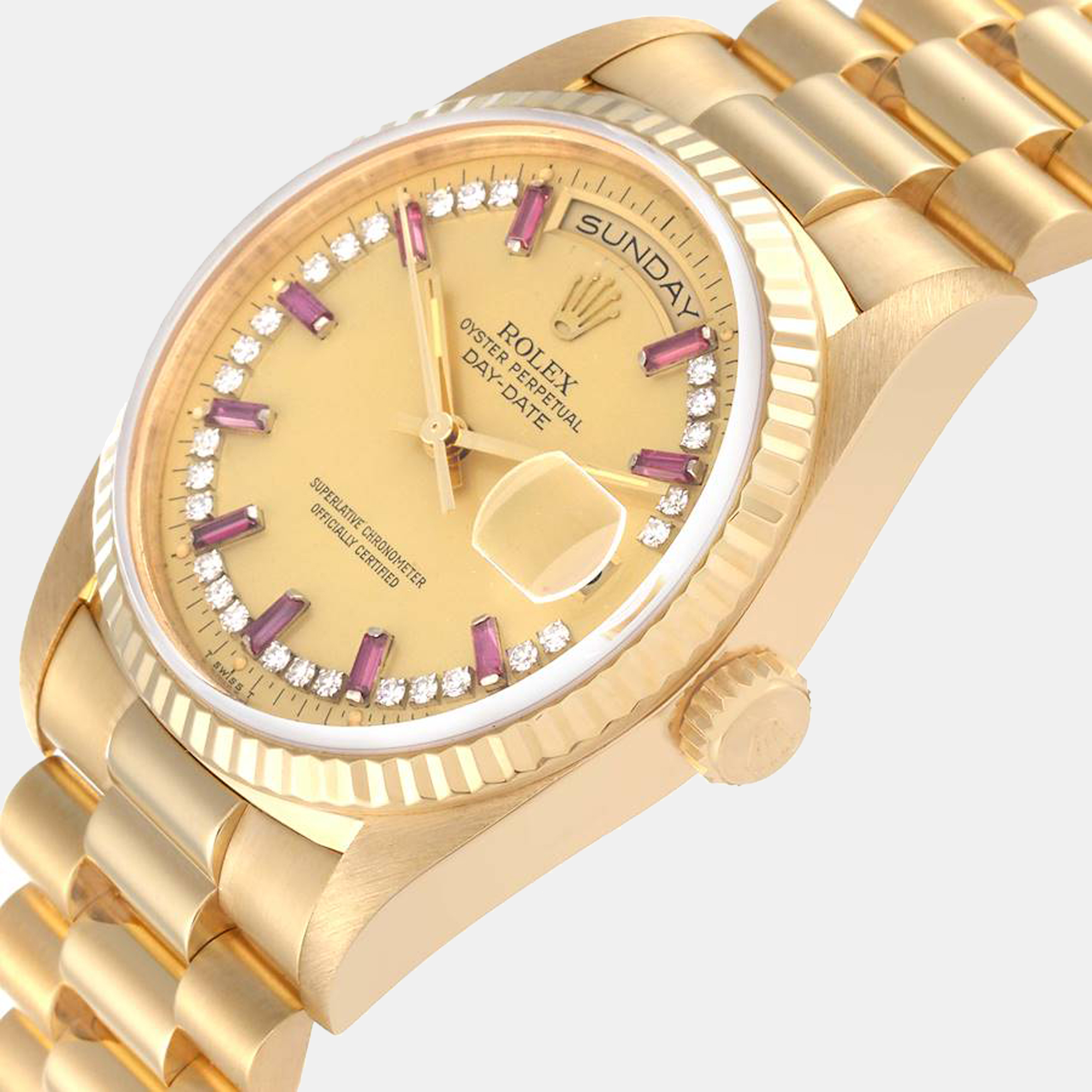 

Rolex President Day-Date Yellow Gold String Diamond Ruby Dial Watch 18238