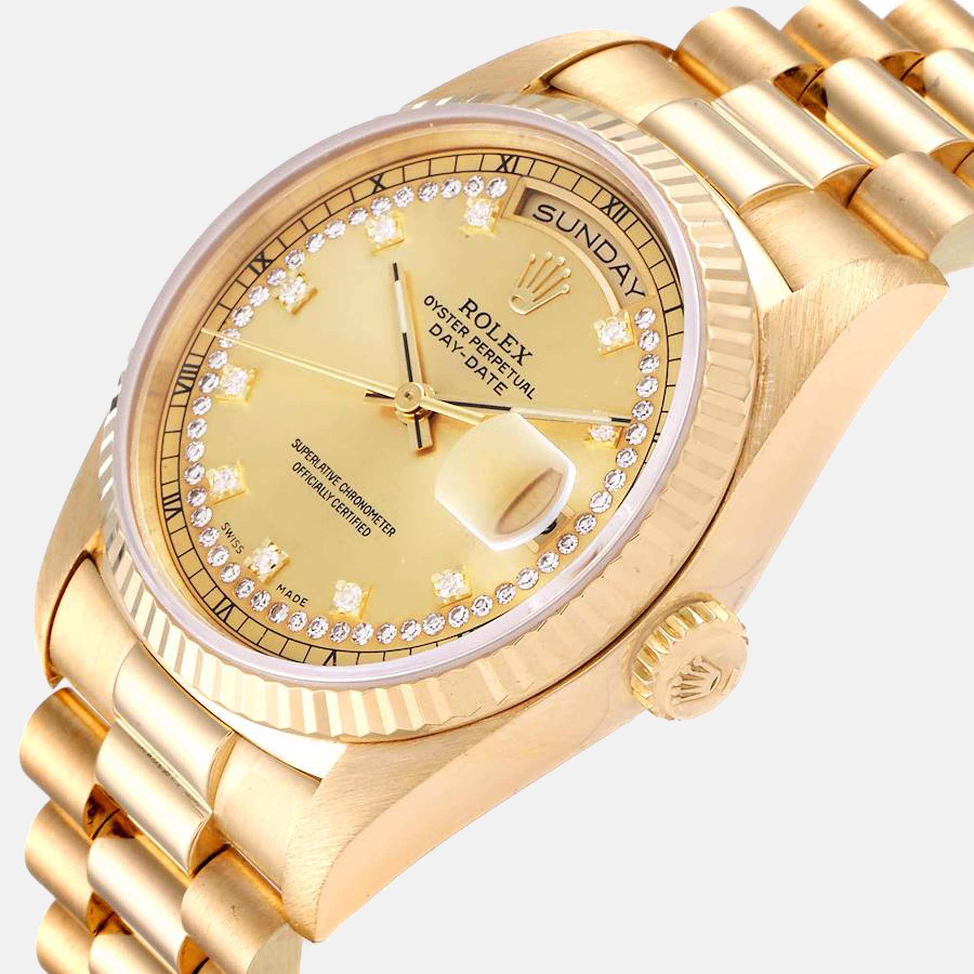 

Rolex President Day-Date Yellow Gold String Diamond Dial Mens Watch 18238