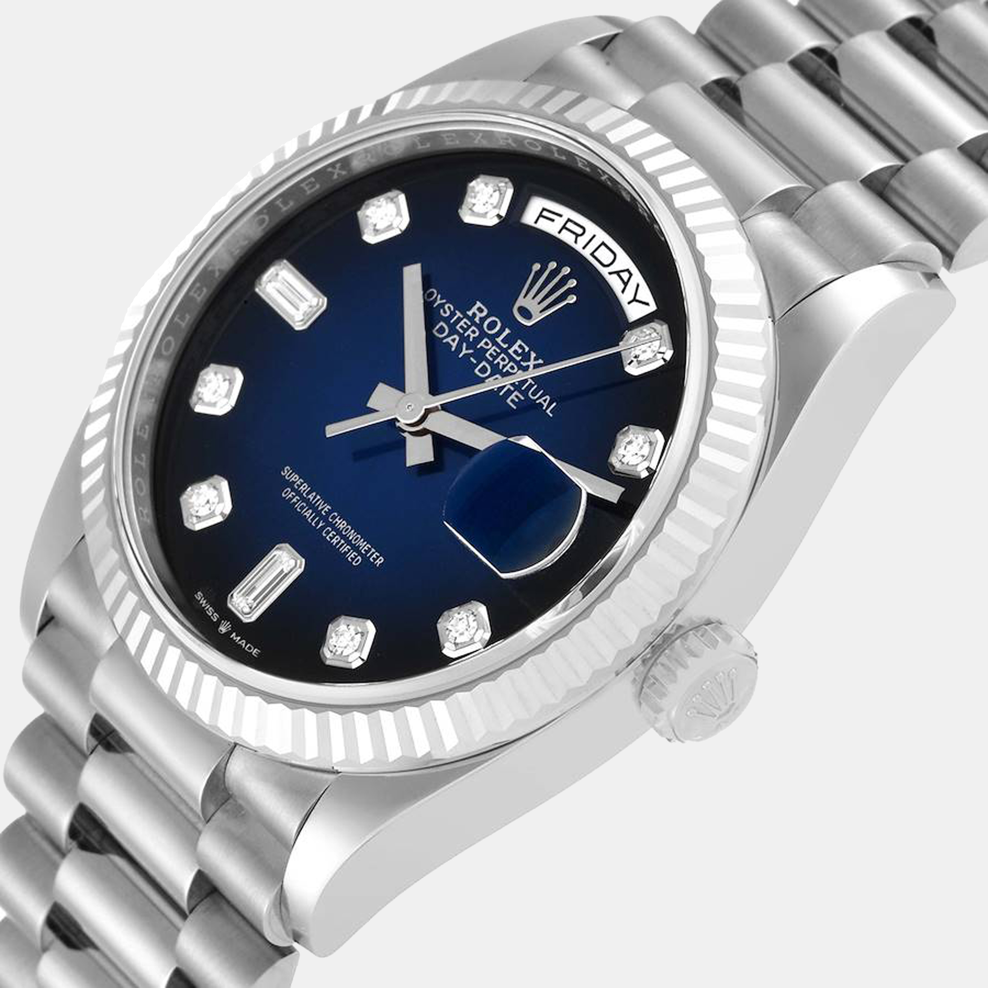 

Rolex President Day-Date White Gold Blue Diamond Dial Mens Watch 128239