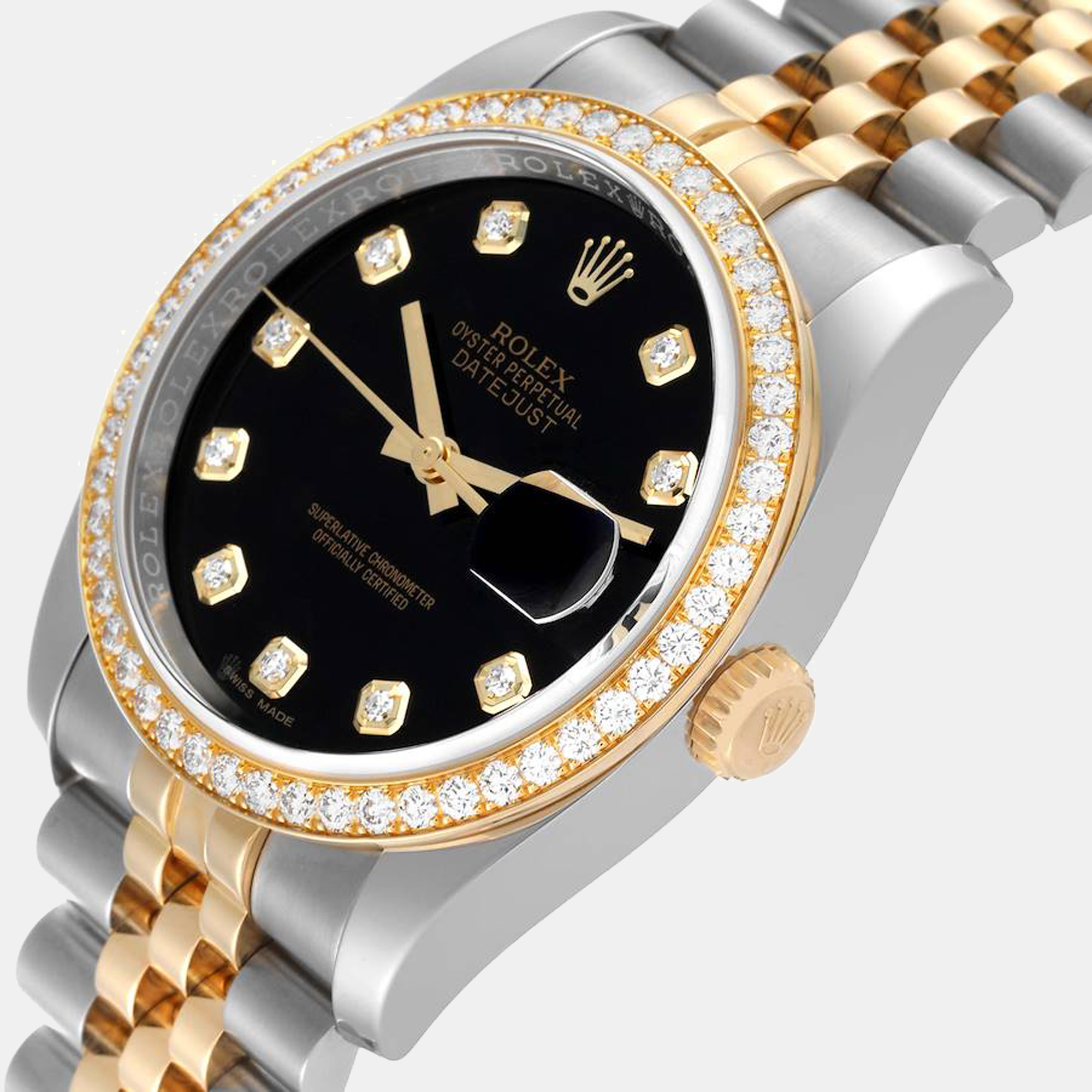 

Rolex Datejust Steel Yellow Gold Diamond Dial Mens Watch 116243, Black