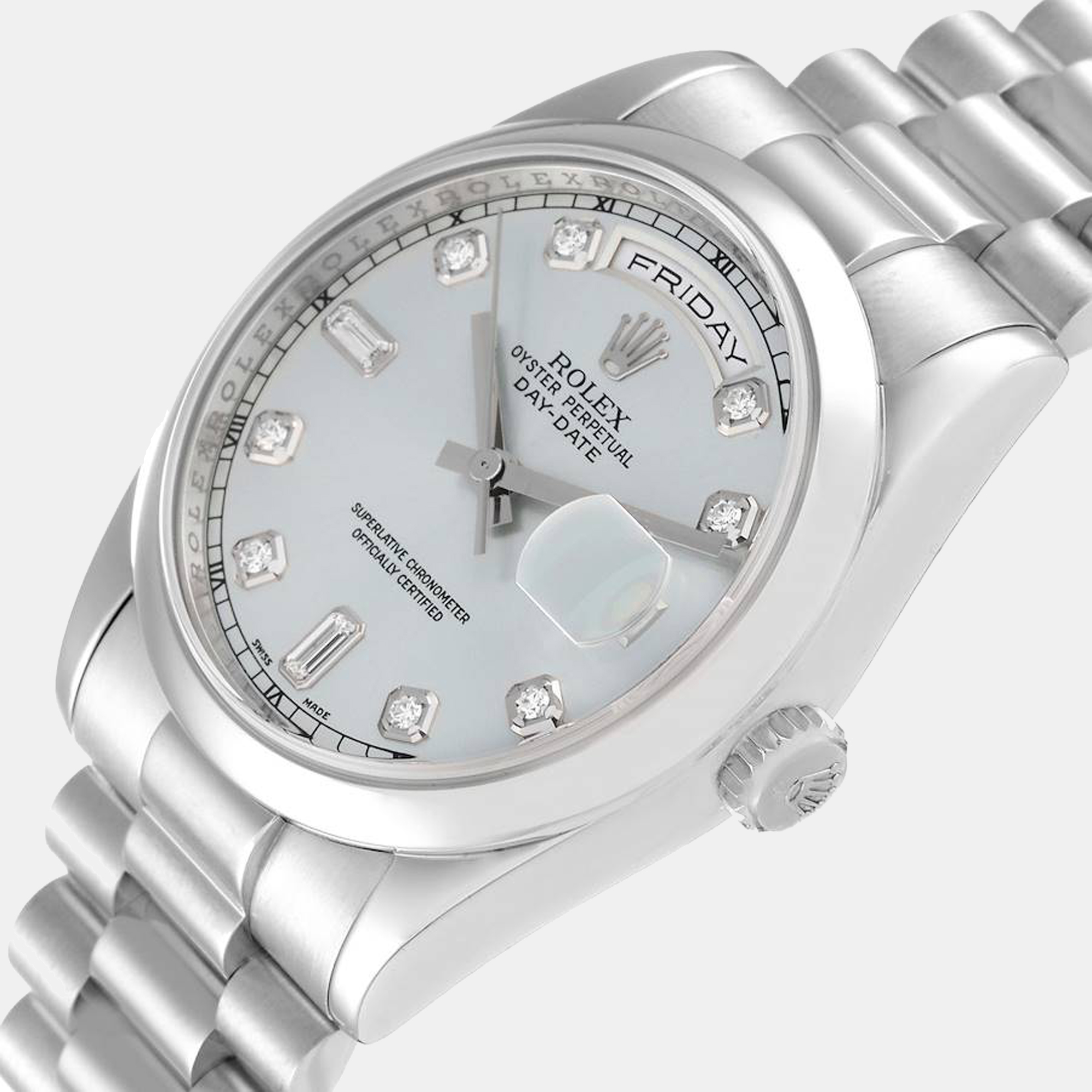 

Rolex Day-Date President Platinum Ice Blue Diamond Dial Watch 118206