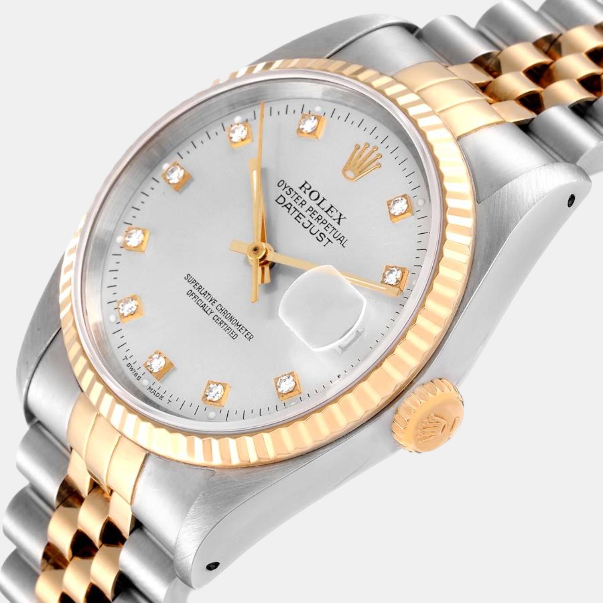 

Rolex Datejust Steel Yellow Gold Silver Diamond Dial Mens Watch 16233