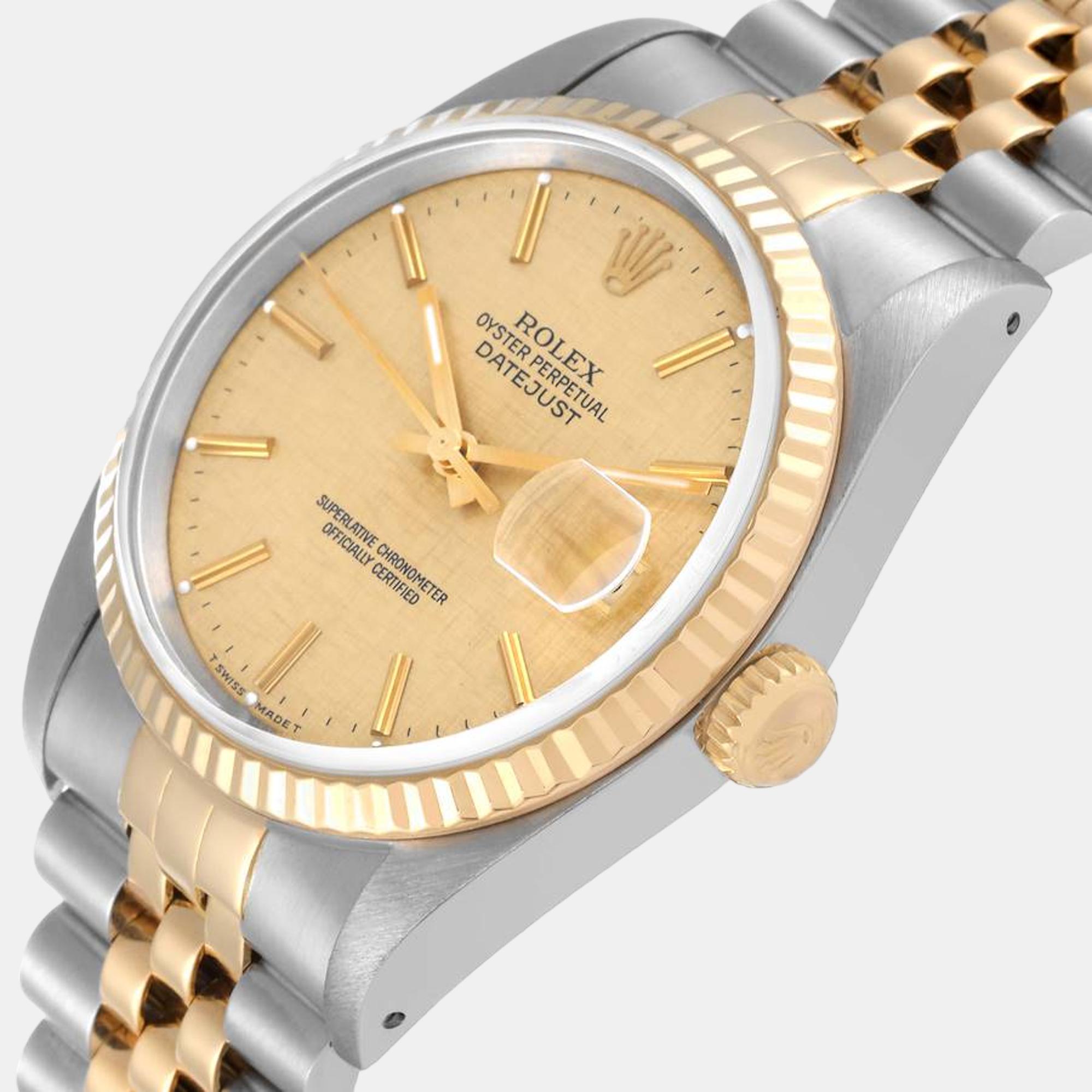 

Rolex Datejust Steel Yellow Gold Champagne Linen Dial Mens Watch 16233