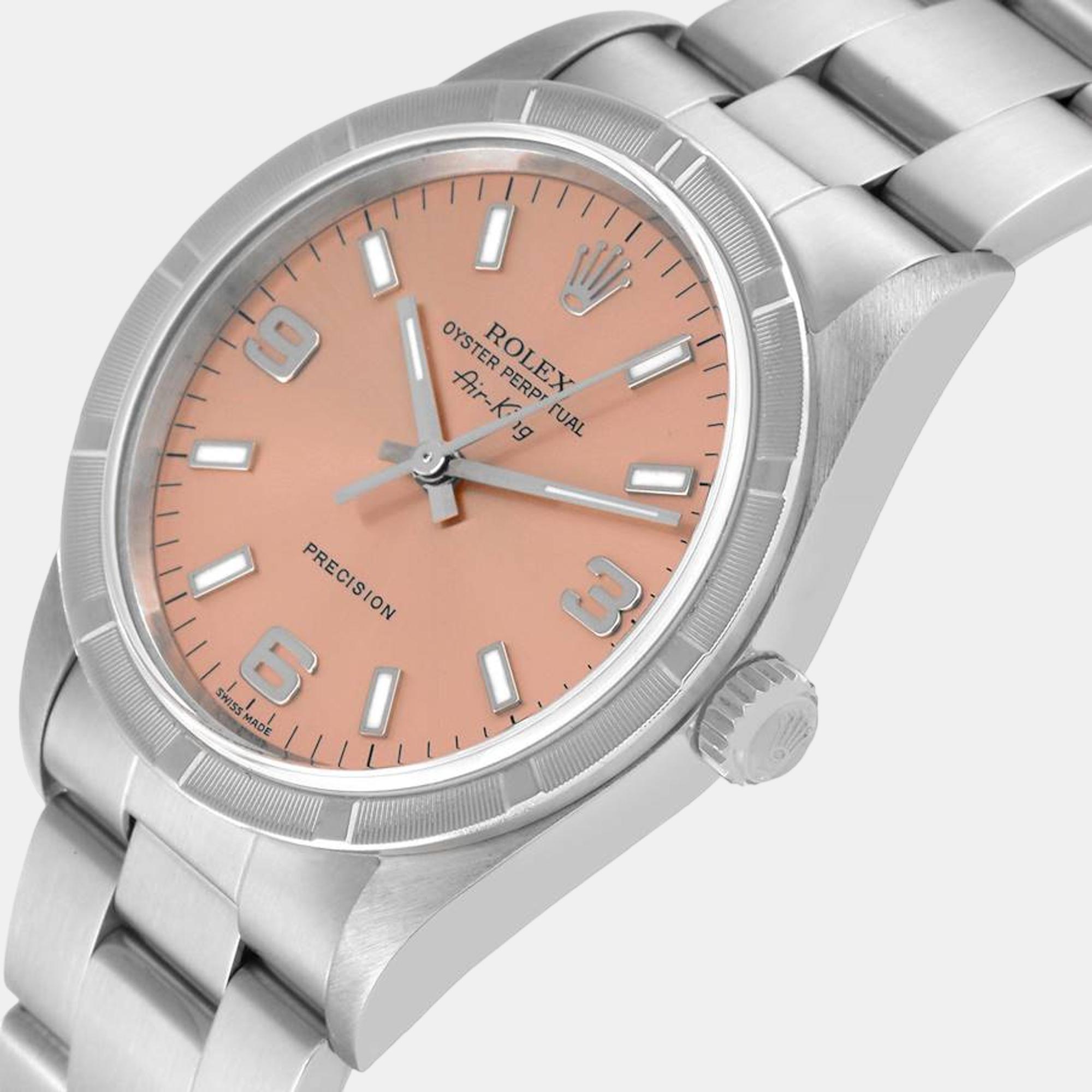 

Rolex Air King 34 Salmon Dial Engine Turned Bezel Steel Mens Watch 14010, Pink