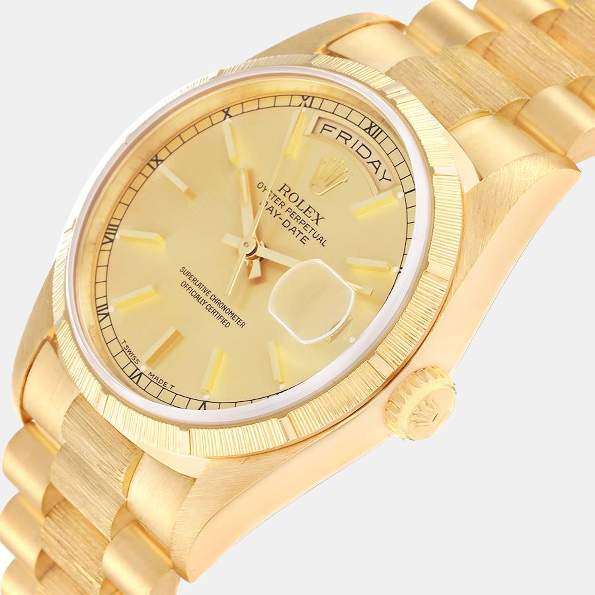 

Rolex Day-Date President Yellow Gold Bark Finish Mens Watch 18248
