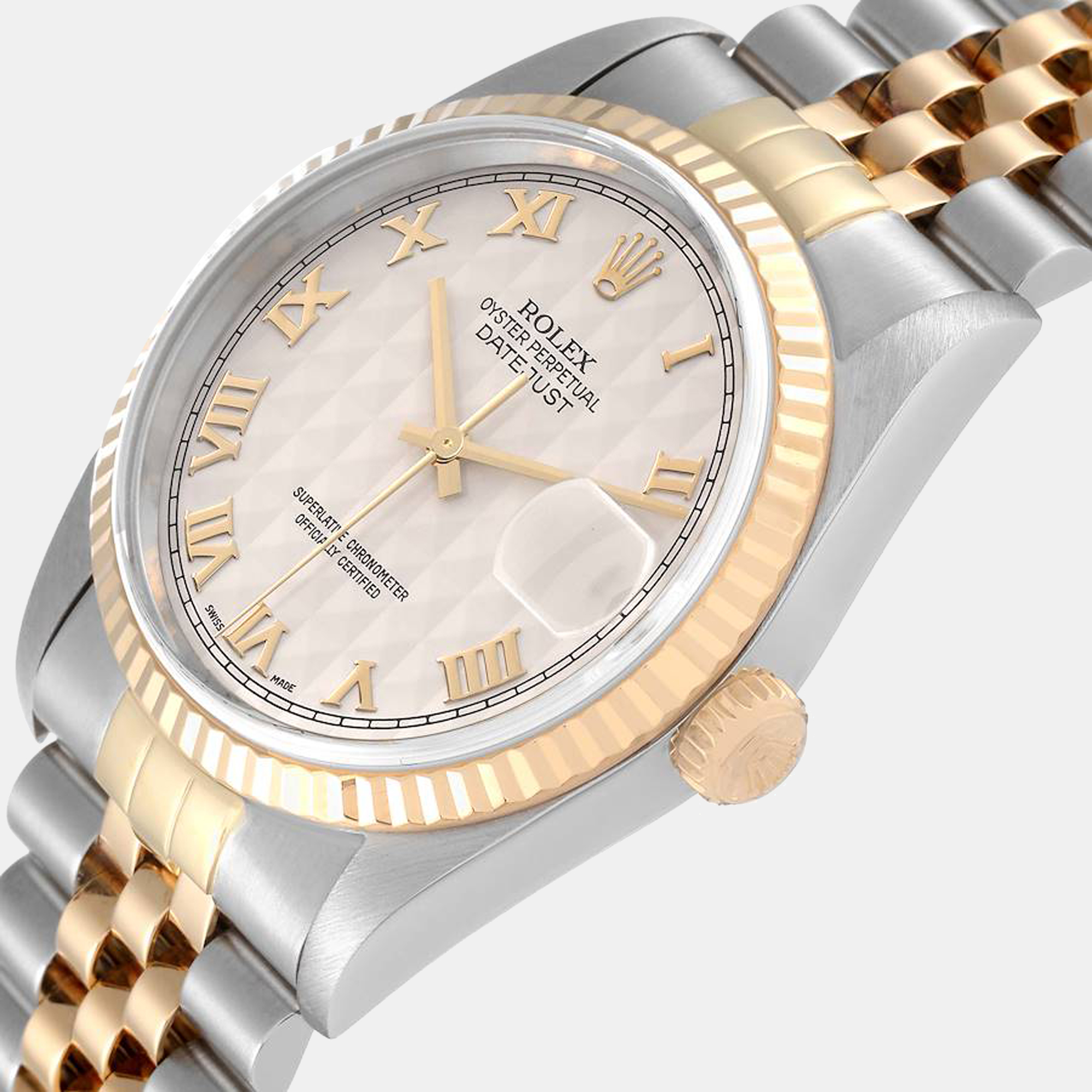 

Rolex Datejust Steel Yellow Gold Pyramid Dial Mens Watch 16233, Beige