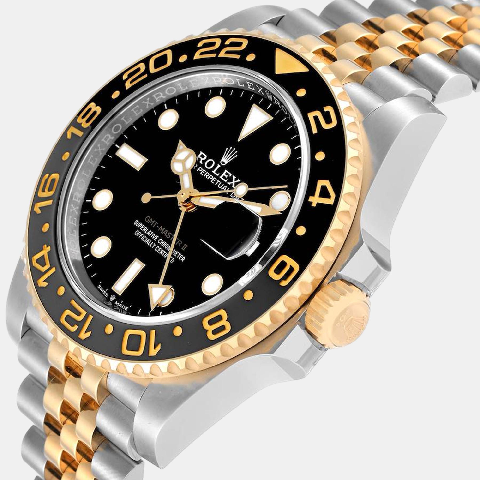 

Rolex GMT Master II Yellow Gold Steel Black Grey Bezel Mens Watch 126713