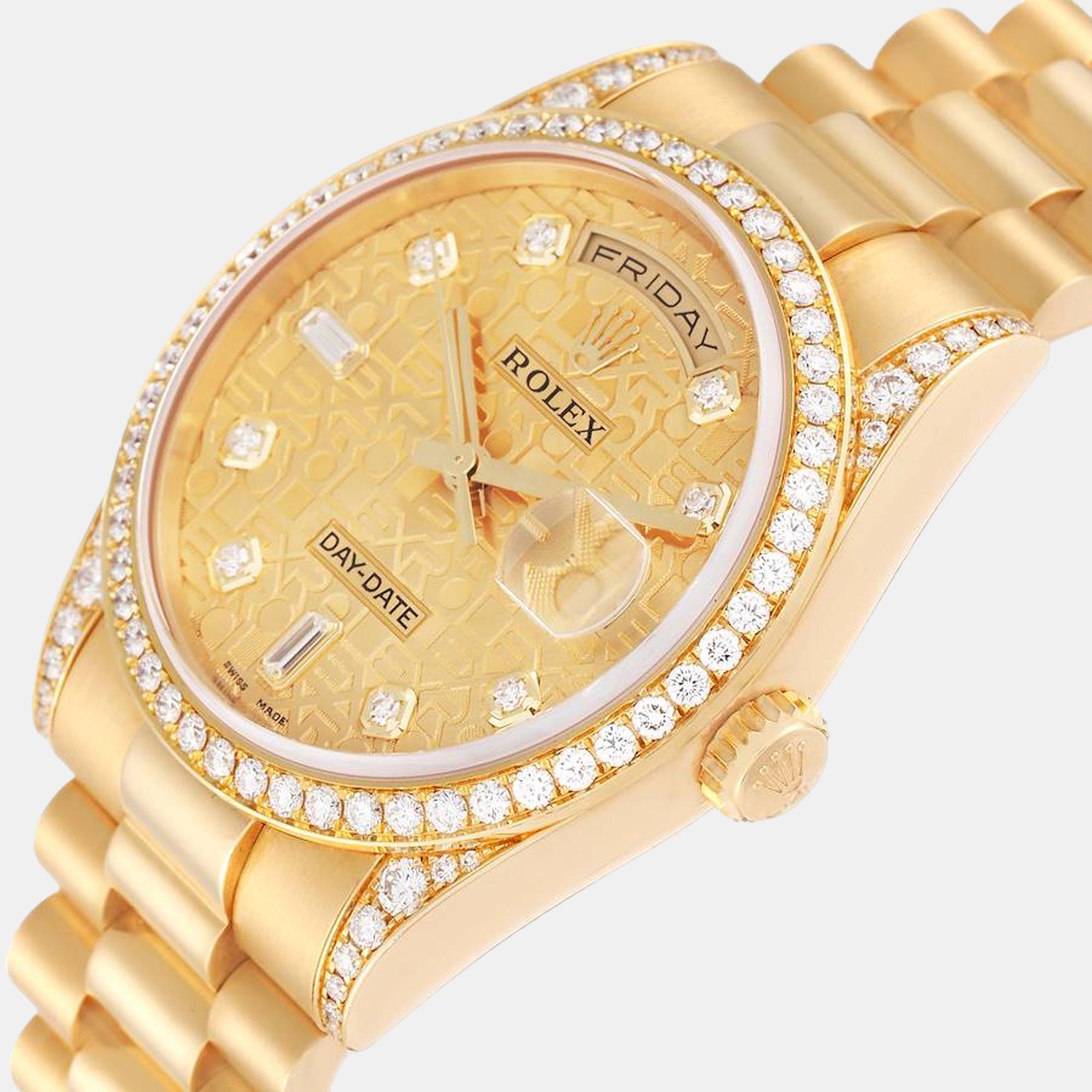 

Rolex Day-Date President Yellow Gold Diamond Bezel Mens Watch 118388