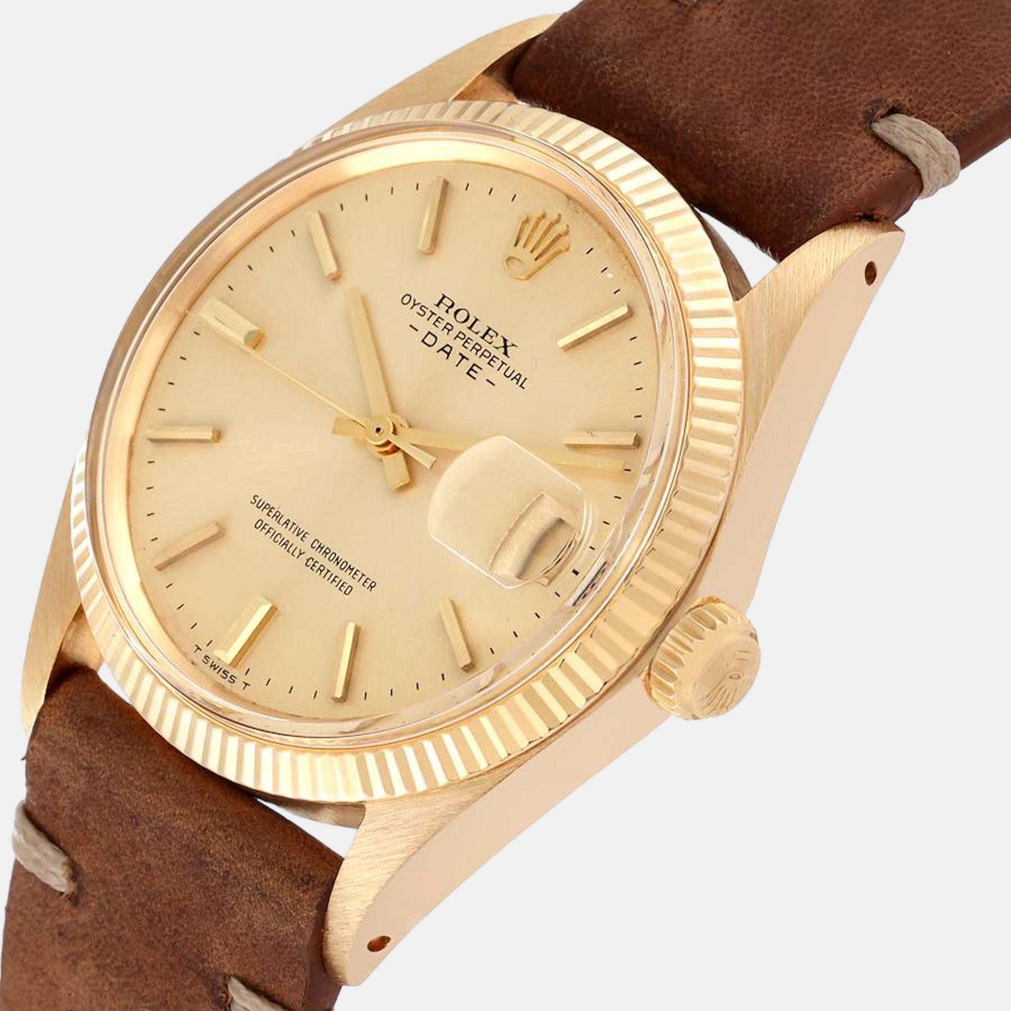 

Rolex Date Yellow Gold Leather Strap Automatic Vintage Mens Watch 1503