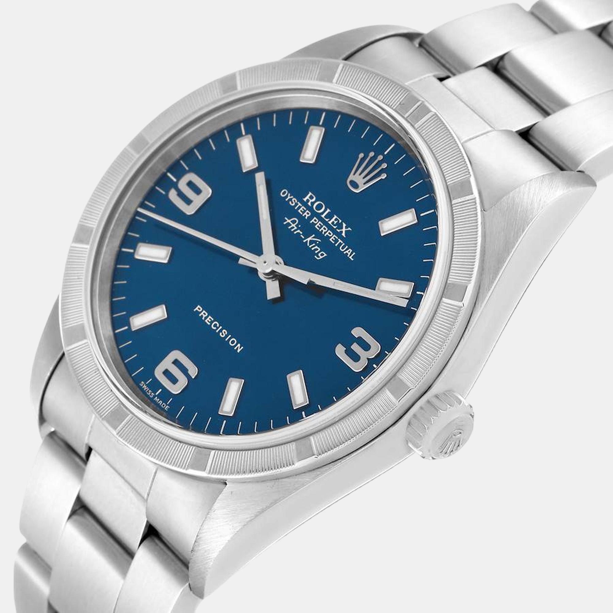 

Rolex Air King Blue Dial Engine Turned Bezel Steel Mens Watch 14010