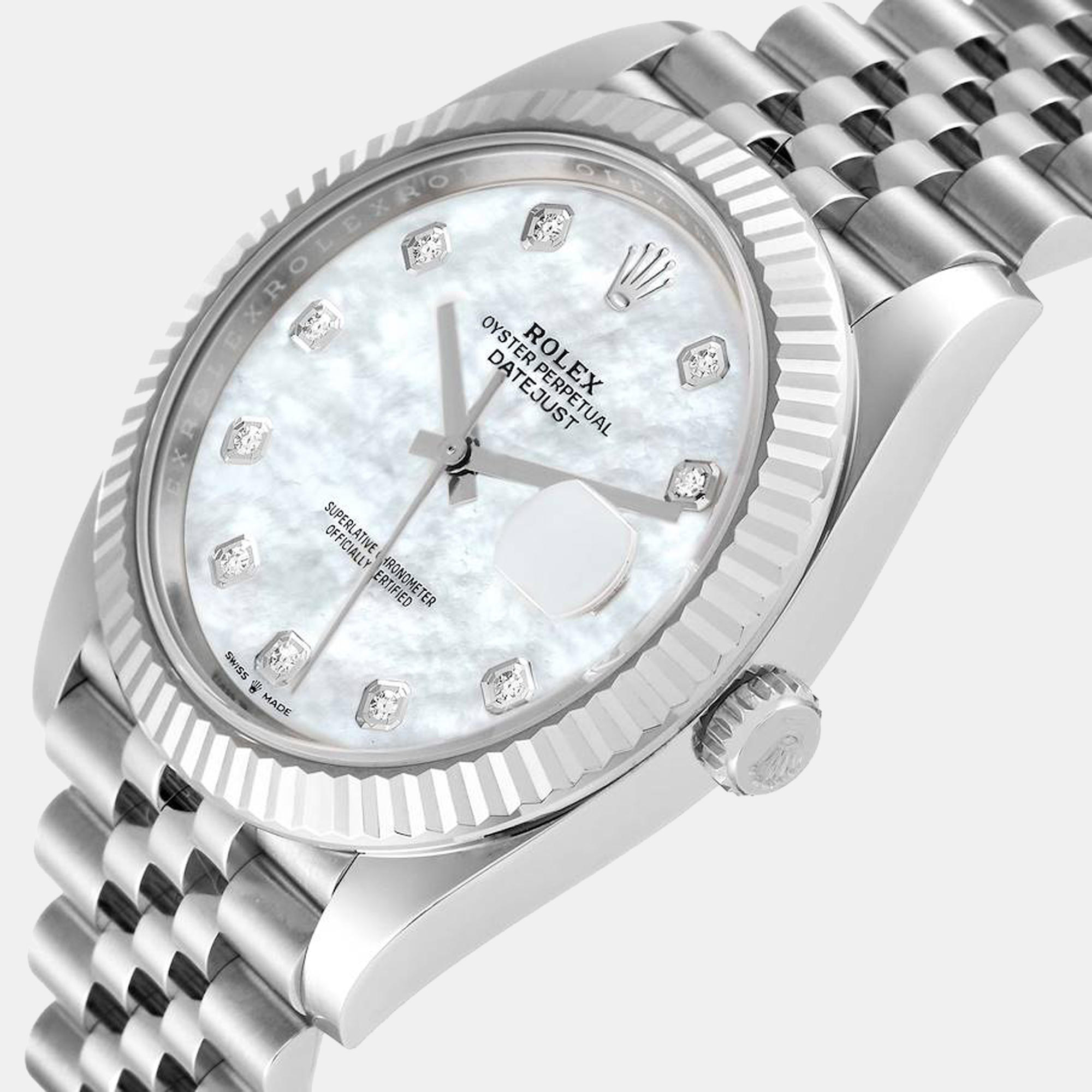 

Rolex Datejust 41 Steel White Gold MOP Diamond Dial Mens Watch 126334