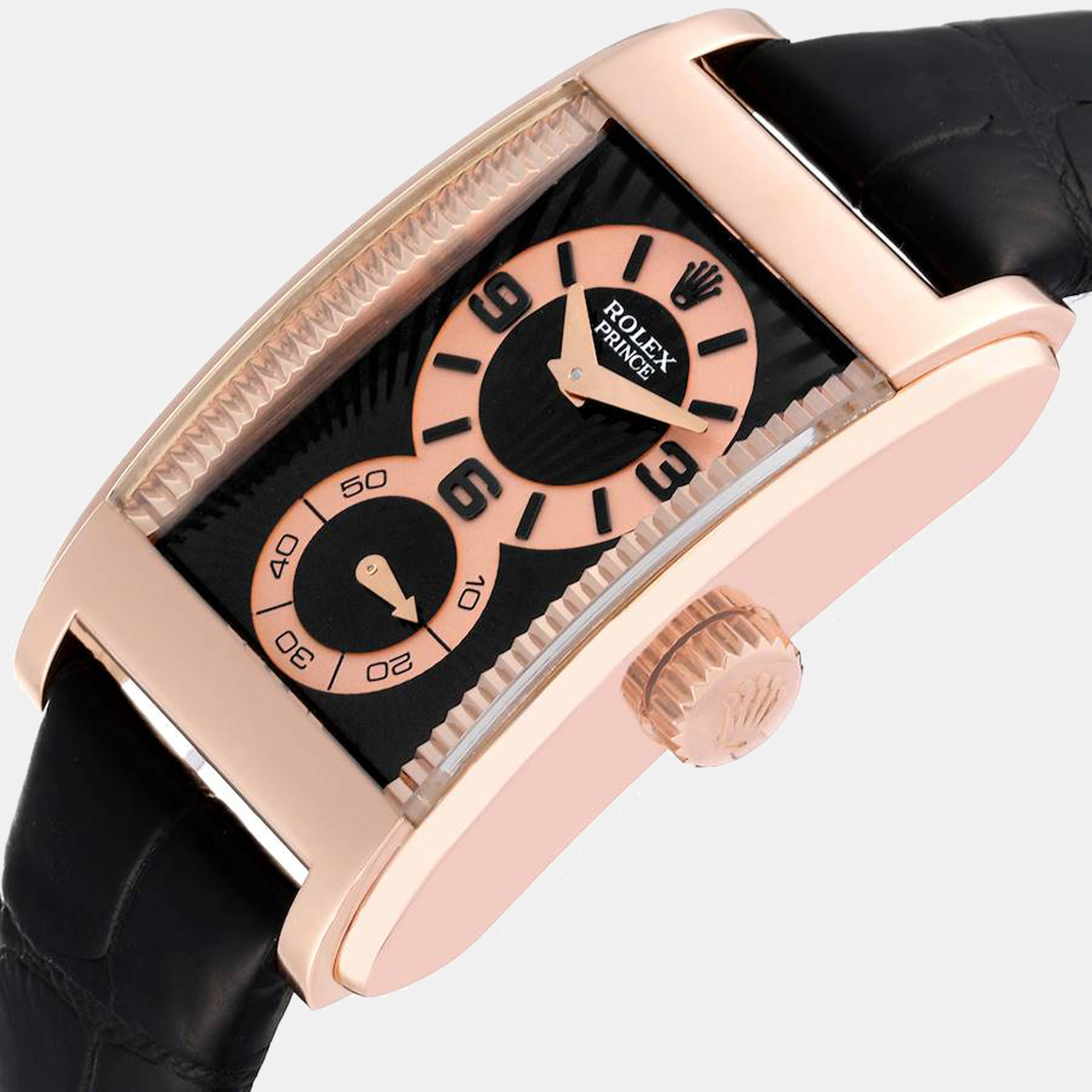 

Rolex Cellini Prince Rose Gold Black Dial Leather Strap Men's Watch 28 x 47 mm