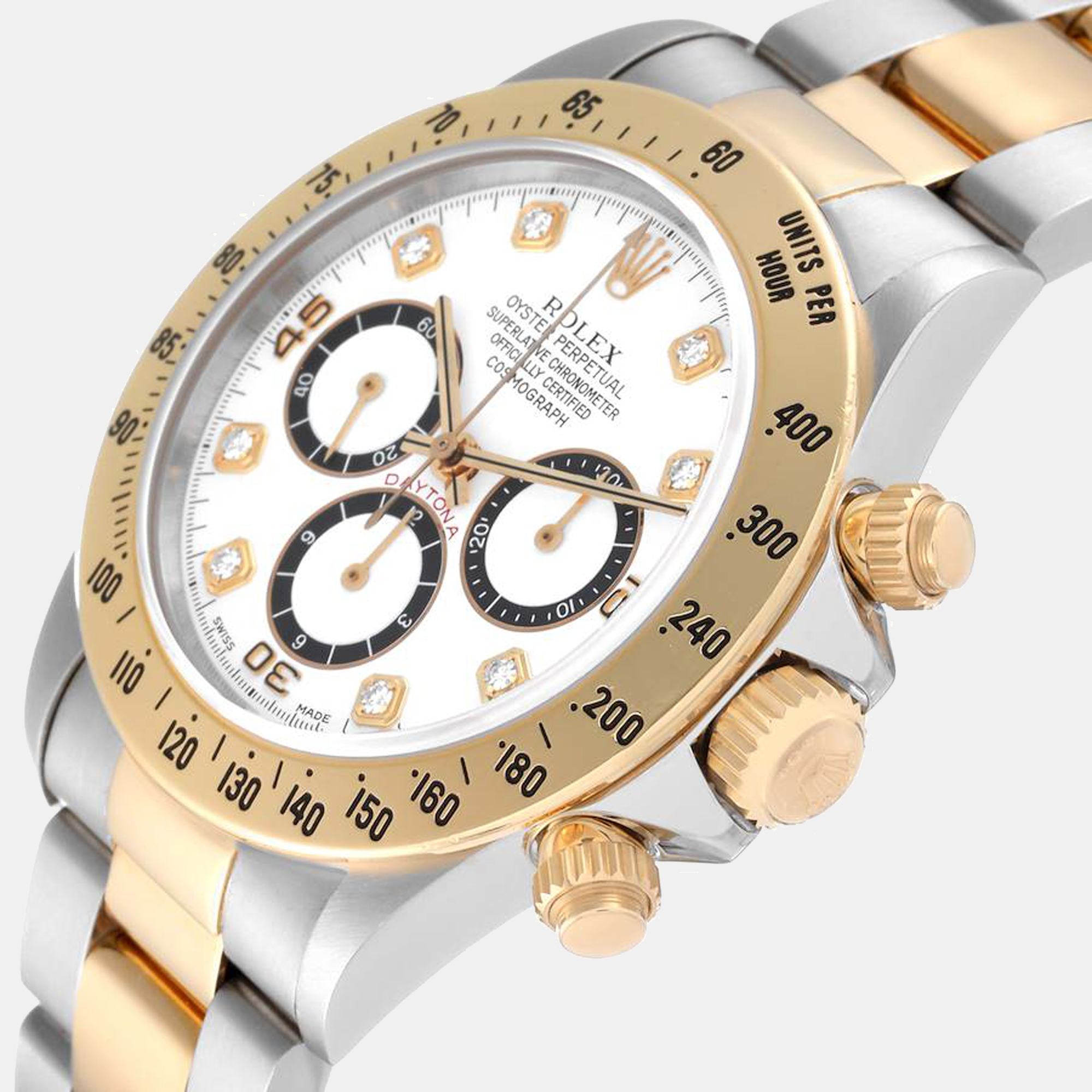 

Rolex Daytona Steel Yellow Gold Diamond Dial Zenith Movement Men's Watch 16523 40 mm, White