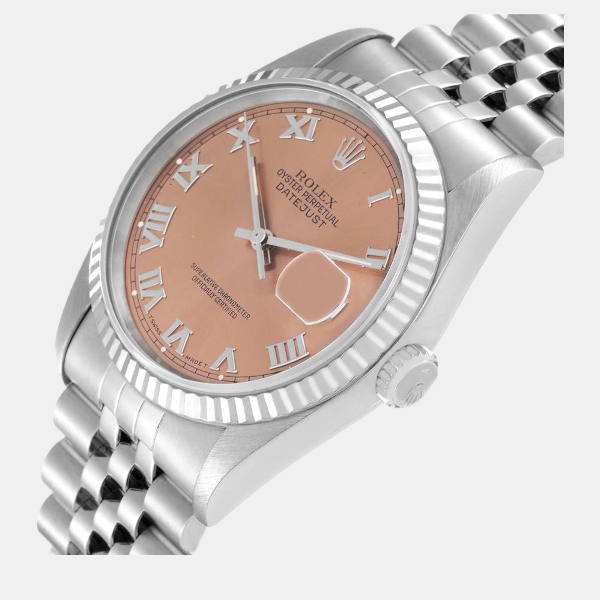 

Rolex Datejust 36 Steel White Gold Salmon Roman Dial Men's Watch 16234 36 mm, Brown